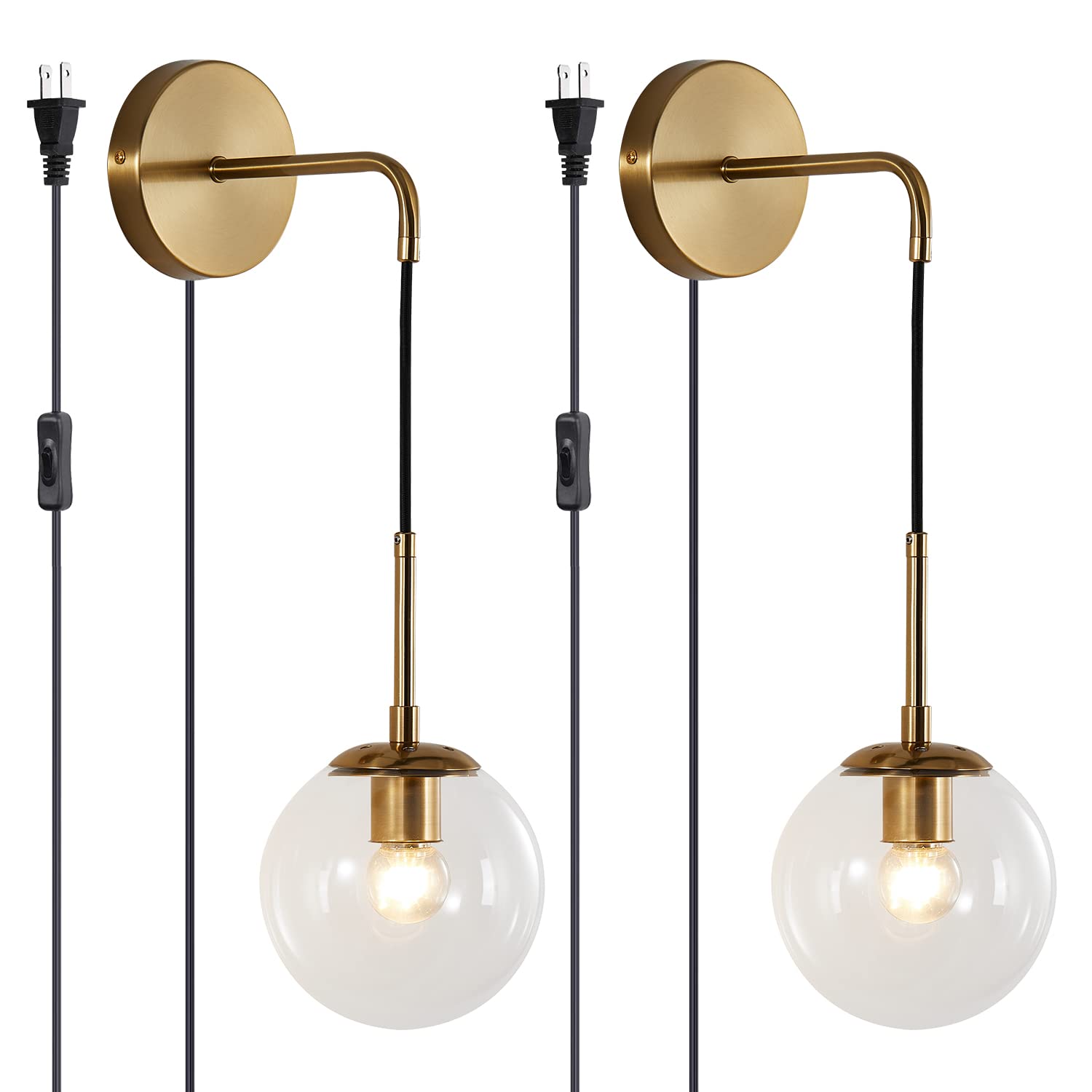 Mid Century Modern Globe Wall Sconce Lighting - Set of 2 Plug-in Brushed Brass Gold Wall Lights with Clear Bubble Glass Ball - Perfect for Bathroom, Bedroom, Hallway & Living Room Decor