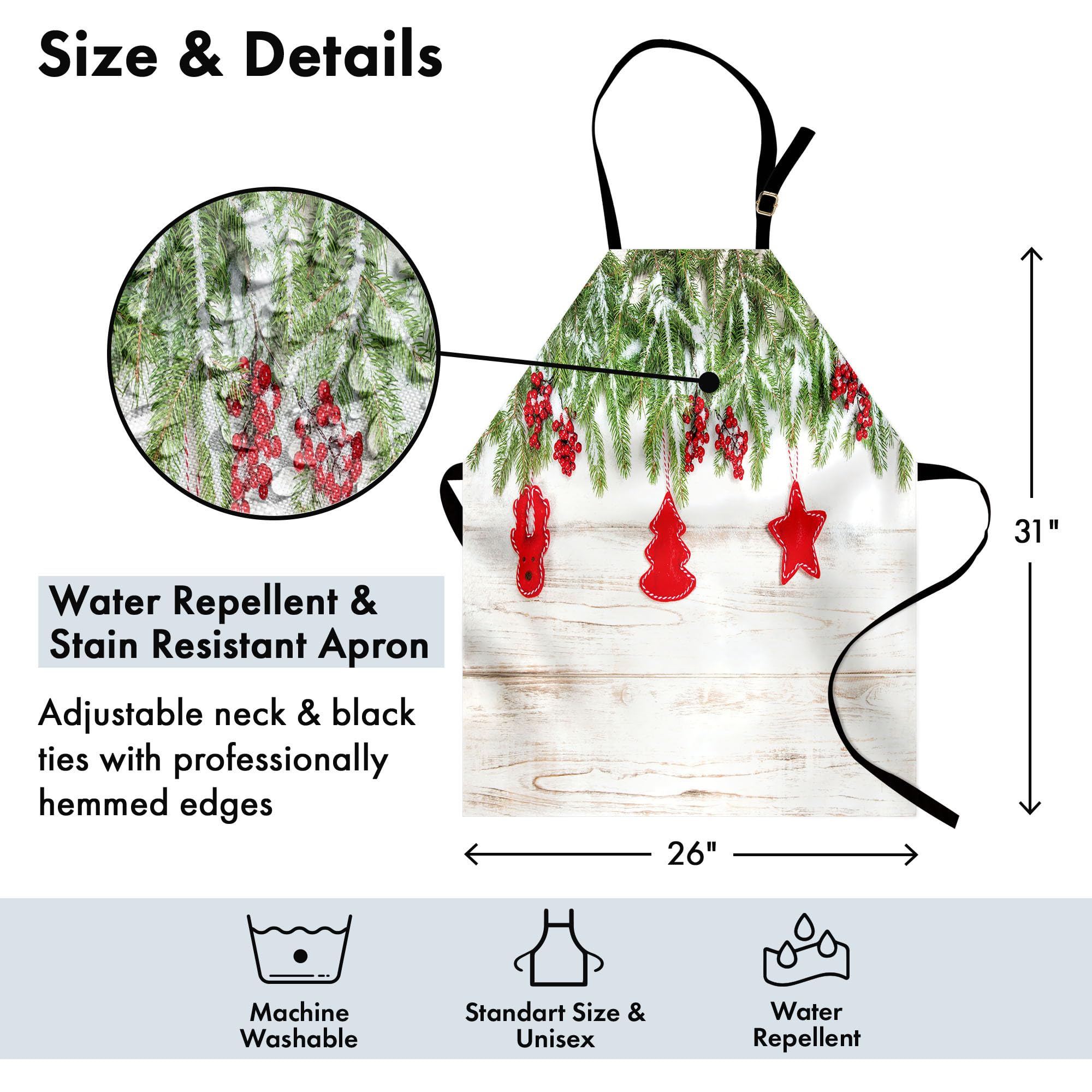 Ambesonne Christmas Apron - Rustic Noel Tree Branches with Ornaments & Berries Print, Adjustable Unisex Kitchen Bib for Cooking, Baking & Holiday Decorating, Adult Size Beige & Red - Perfect for Holiday Cooking, Gift Wrapping & Festive Home Decor