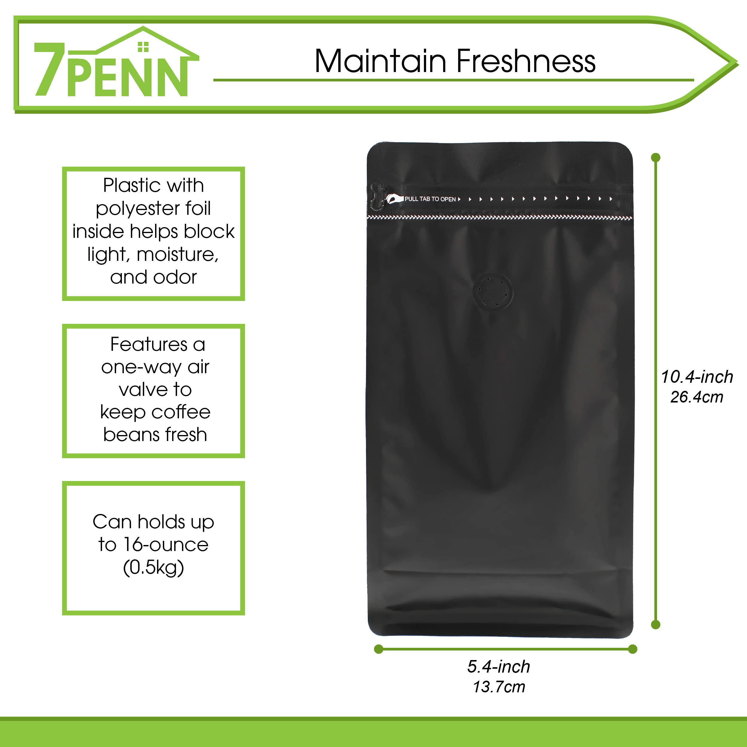 7Penn Resealable Coffee Bags 16oz (50 Pack) - Airtight Zipper Pouch with One-Way Valve for Fresh Coffee Storage | Ideal for Coffee Beans, Ground Coffee, Tea Leaves, Herbs & Candy | Perfect for Home Brewing, Coffee Shops & Bulk Food Packaging