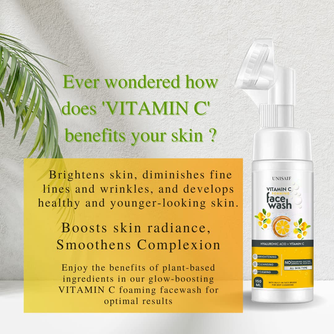 Unisaif Vitamin C Foaming Face Wash with Soft Brush - Brightening Cleanser for Women & Men | Pigmentation Treatment for Combination Skin | 150ml | Perfect for Daily Skincare Routine & Acne-Prone Skin Care