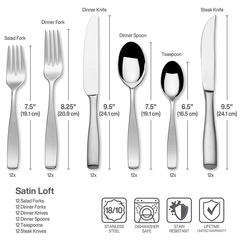 75-Piece Satin Loft Flatware Set - Service for 12 - Premium Stainless Steel Cutlery Set for Formal Dining, Dinner Parties & Holiday Entertaining