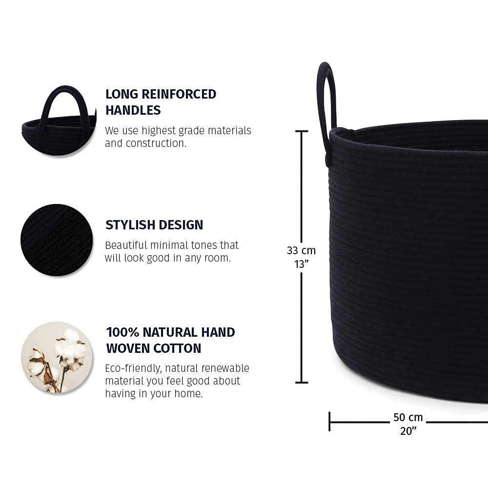OrganiHaus Large Tall Black Rope Basket & Wide Rope Basket Set - Natural Fiber Storage for Home Organization - Perfect for Living Room, Bedroom, or Nursery Decor