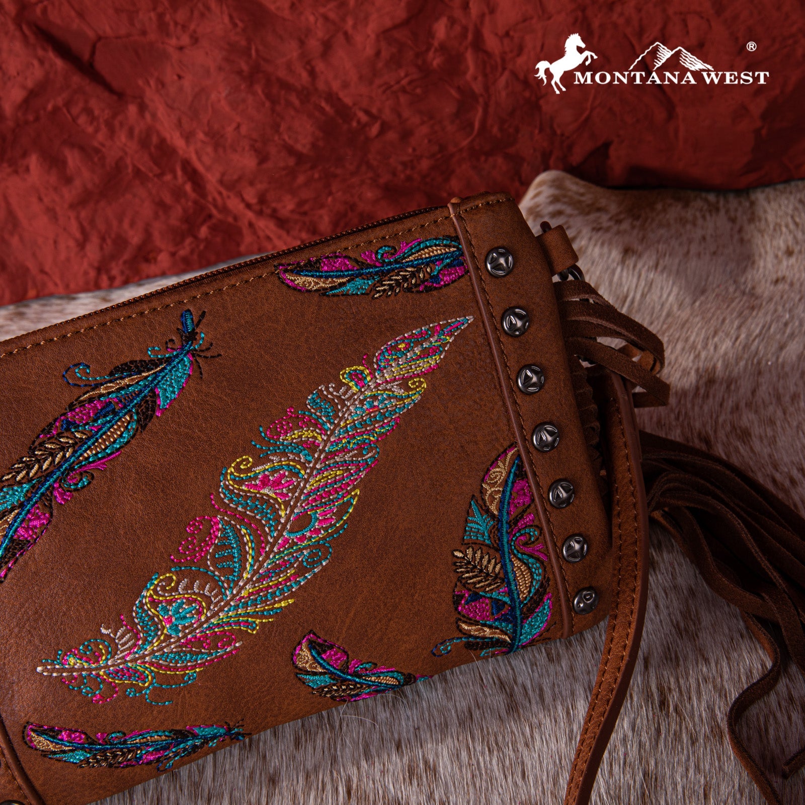 Montana West Embroidered Feather Crossbody Clutch Purse for Women - Stylish Bohemian Handbag for Parties, Weddings & Evening Events