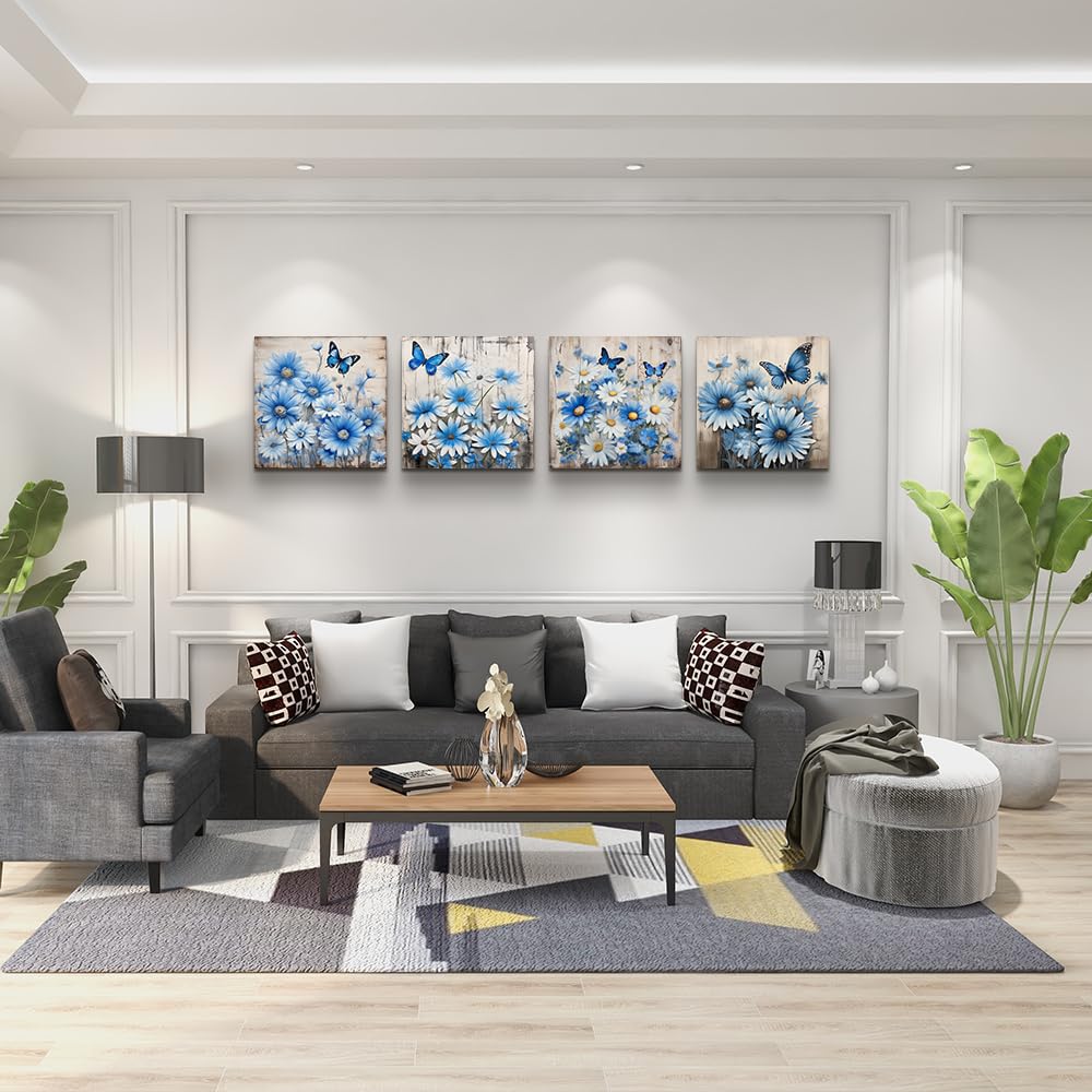 Abstract Blue Flowers Canvas Wall Art Set of 4 - Modern Paintings for Bedroom, Living Room, Office & Kitchen Decor - Perfect for Home, Dorm & Workspace Wall Decorations