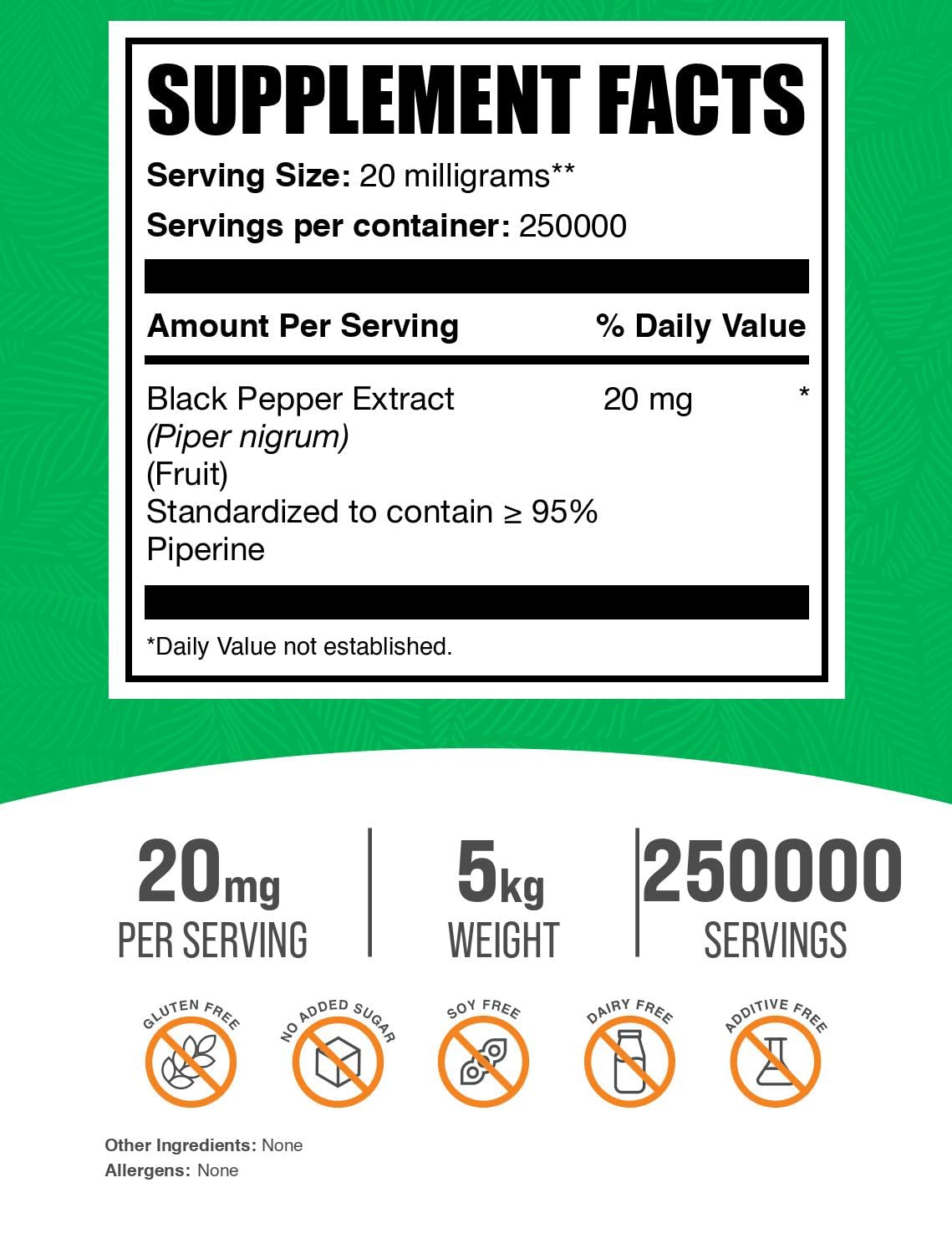 BulkSupplements Black Pepper Extract Powder with Piperine - 20mg per Serving, Gluten Free, 5kg (11 lbs) Pack of 5 - Supports Digestion & Nutrient Absorption - Ideal for Cooking, Smoothies & Dietary Supplements
