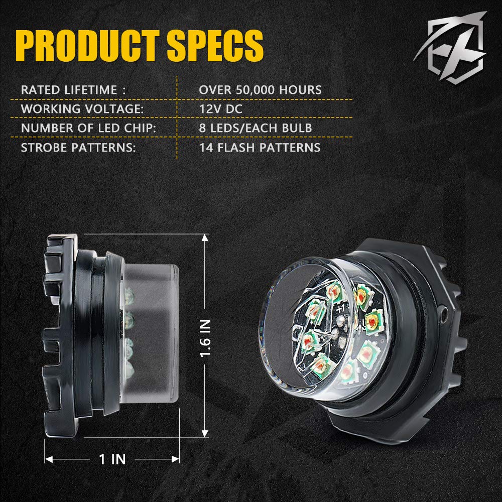 Xprite Amber LED Hideaway Strobe Lights Kit - 4PC Emergency Warning Flashing Lights for Grille, Headlight & Taillight - Ideal for Construction Vehicles, Tow Trucks, ATV, UTV & Cars - Perfect for Roadside Emergencies, Hazard Warnings & Off-Road Safety