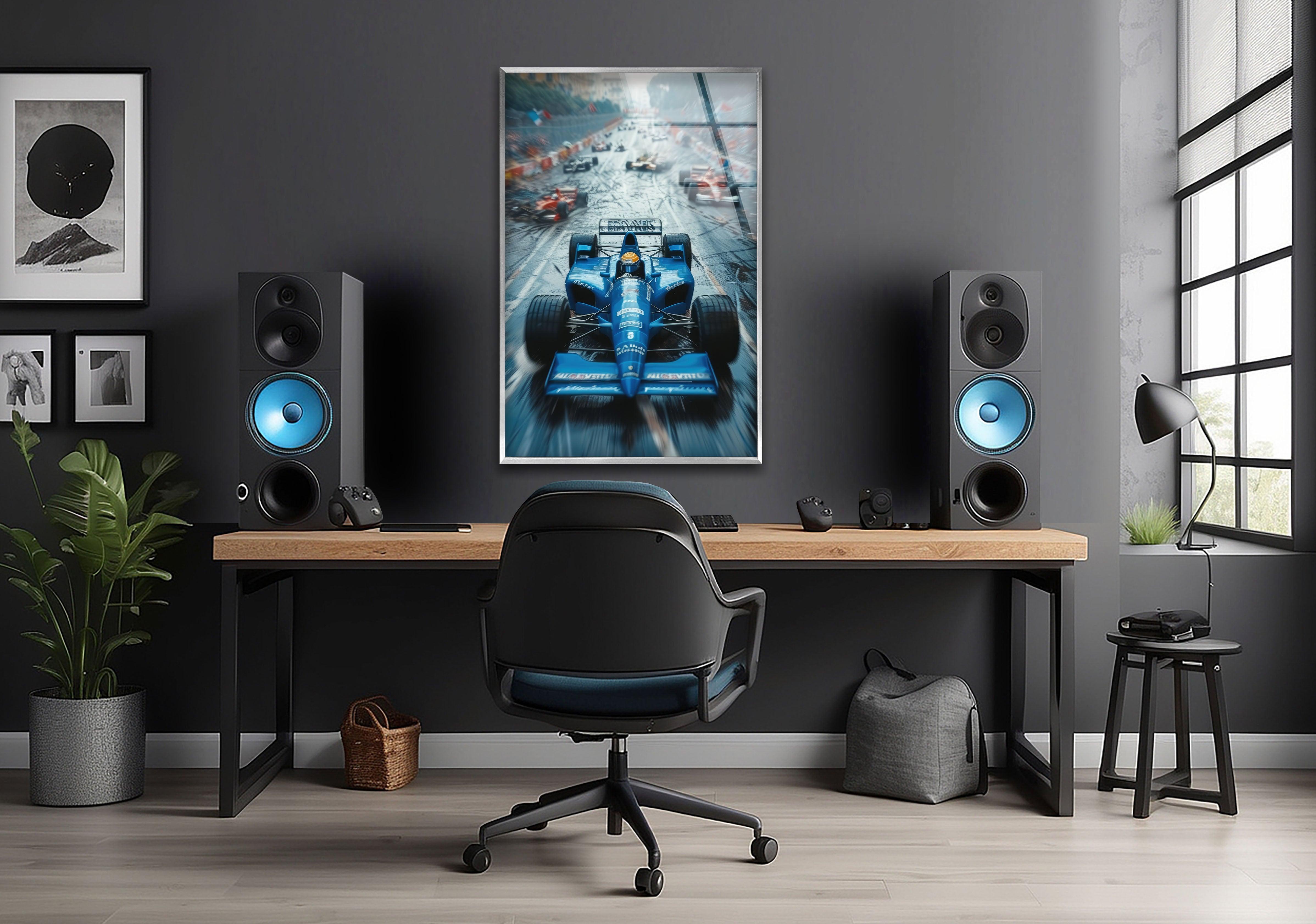 Blue Formula 1 Racing Car Glass Wall Art - Premium Decorative Home & Office Decor for Motorsport Fans