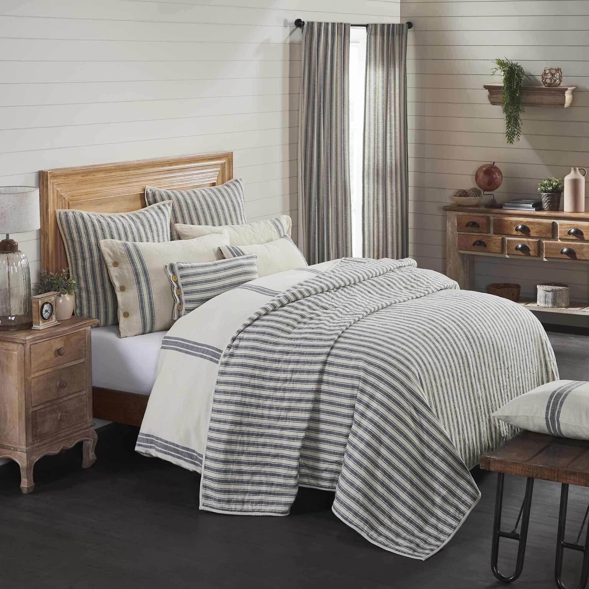 Piper Classics Blue Ticking Stripe King Size Quilt - Premium Cotton Bedspread for Master Bedroom Decor | Perfect for Farmhouse, Coastal & Vintage Style Homes