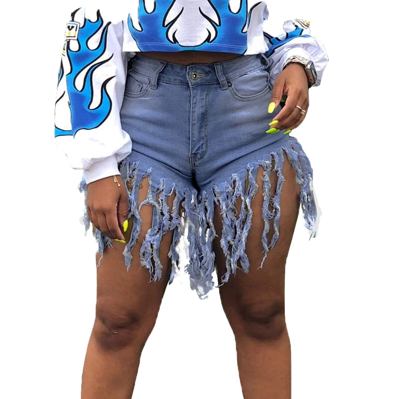 Women's High Waisted Denim Shorts with Tassels - Stretchy Summer Short Jeans with Frayed Raw Hem for Casual Wear & Club Outfits | Perfect for Beach, Music Festivals & Nightlife