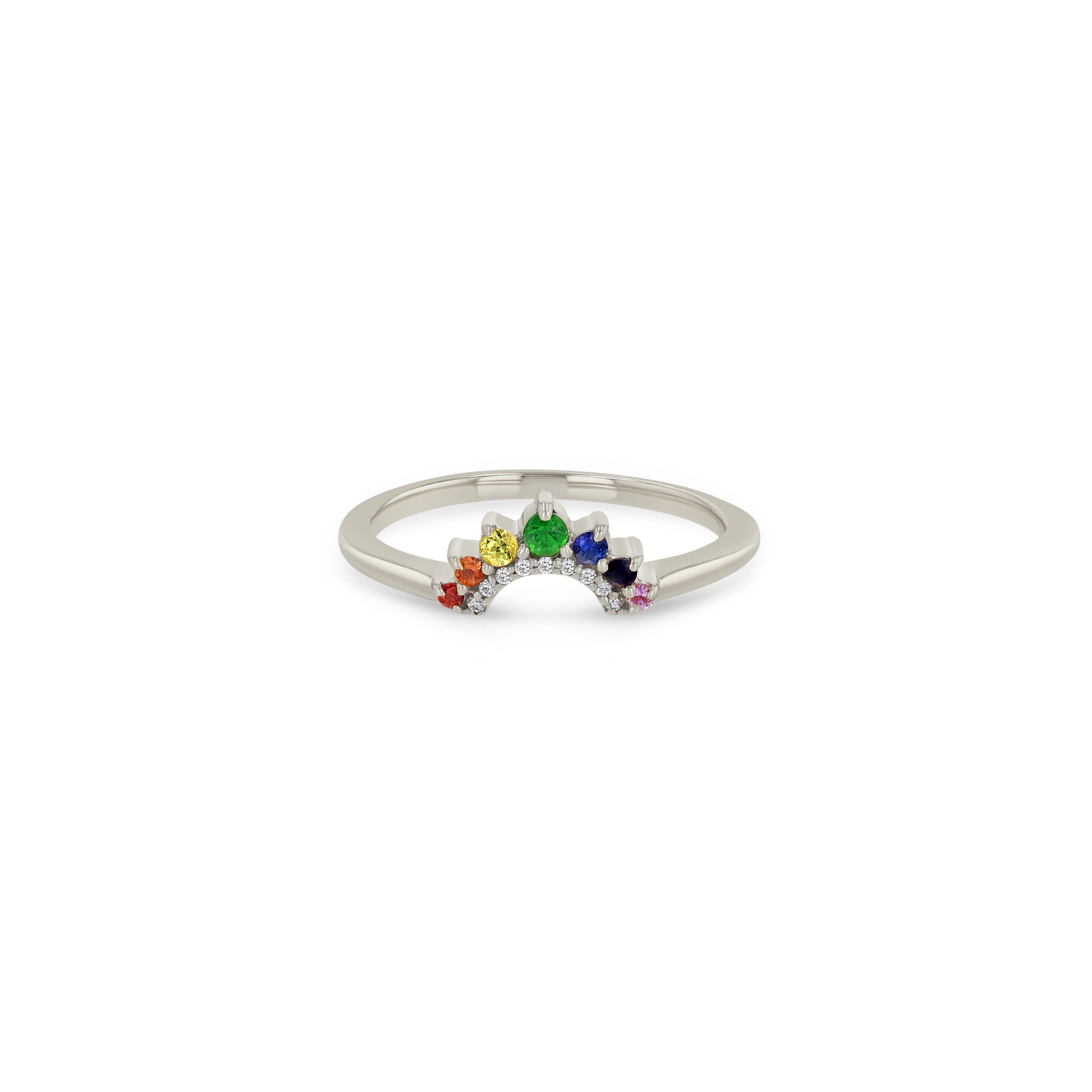 14K Gold Graduated Prong Rainbow Sapphire & Pavé Diamond Double Arch Ring for Women | Elegant Stackable Statement Jewelry for Weddings, Anniversaries & Special Occasions