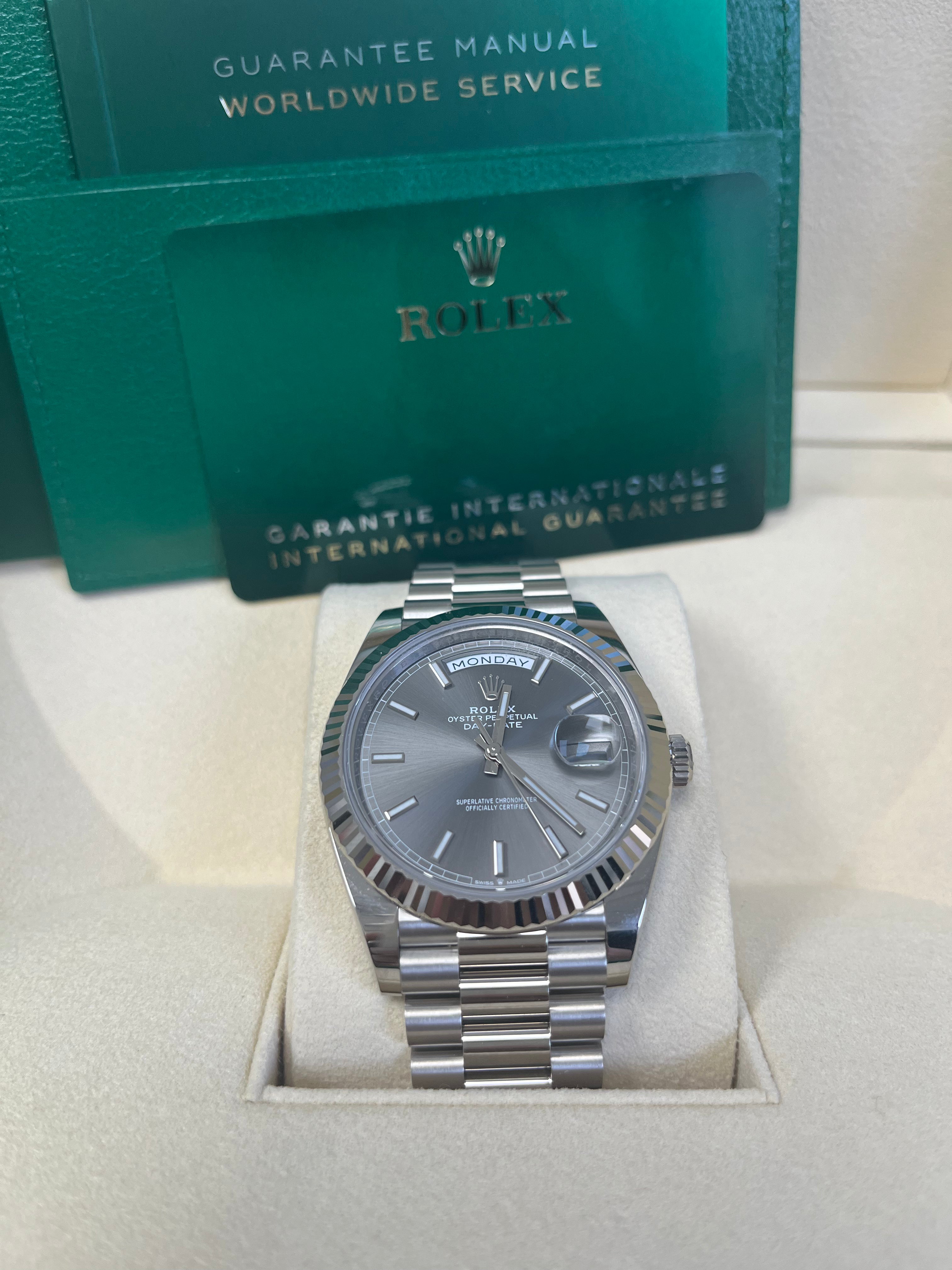 Rolex Day-Date 40mm White Gold Watch with Slate Dial, Fluted Bezel & President Bracelet (Ref: 228239) - Luxury Dress Watch for Business & Formal Occasions