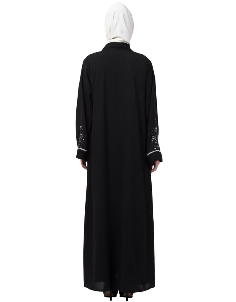 Elegant Black Arabic Abaya with Front Open Design & Hand Embroidery on Sleeves - Perfect for Prayer, Modest Fashion & Special Occasions
