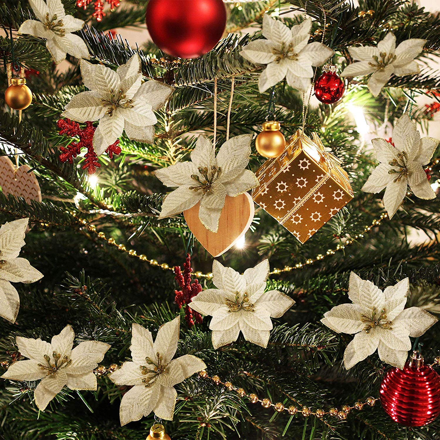 30-Piece Gold Glitter Christmas Tree Ornaments Set - Artificial Poinsettia Flowers for Holiday Decor, Wedding, Wreaths & Festive Tree Decorations - Perfect for Christmas, Parties & Home Decoration