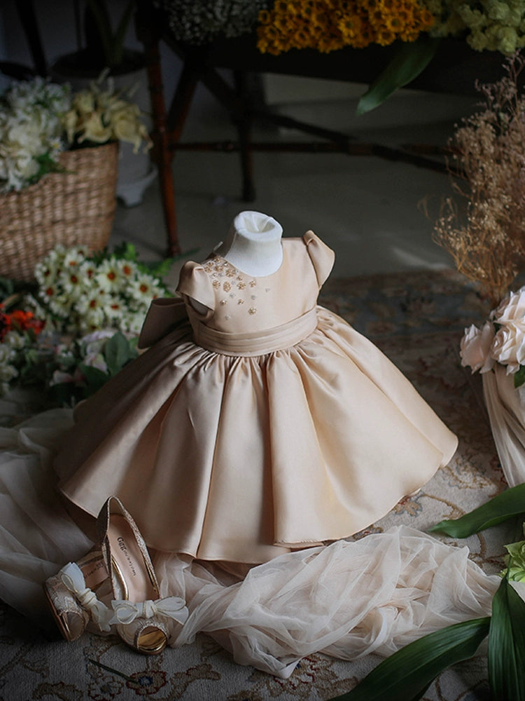 Champagne Princess Round Tea Length Satin Flower Girl Dress for Weddings, Bridal Showers & Special Occasions