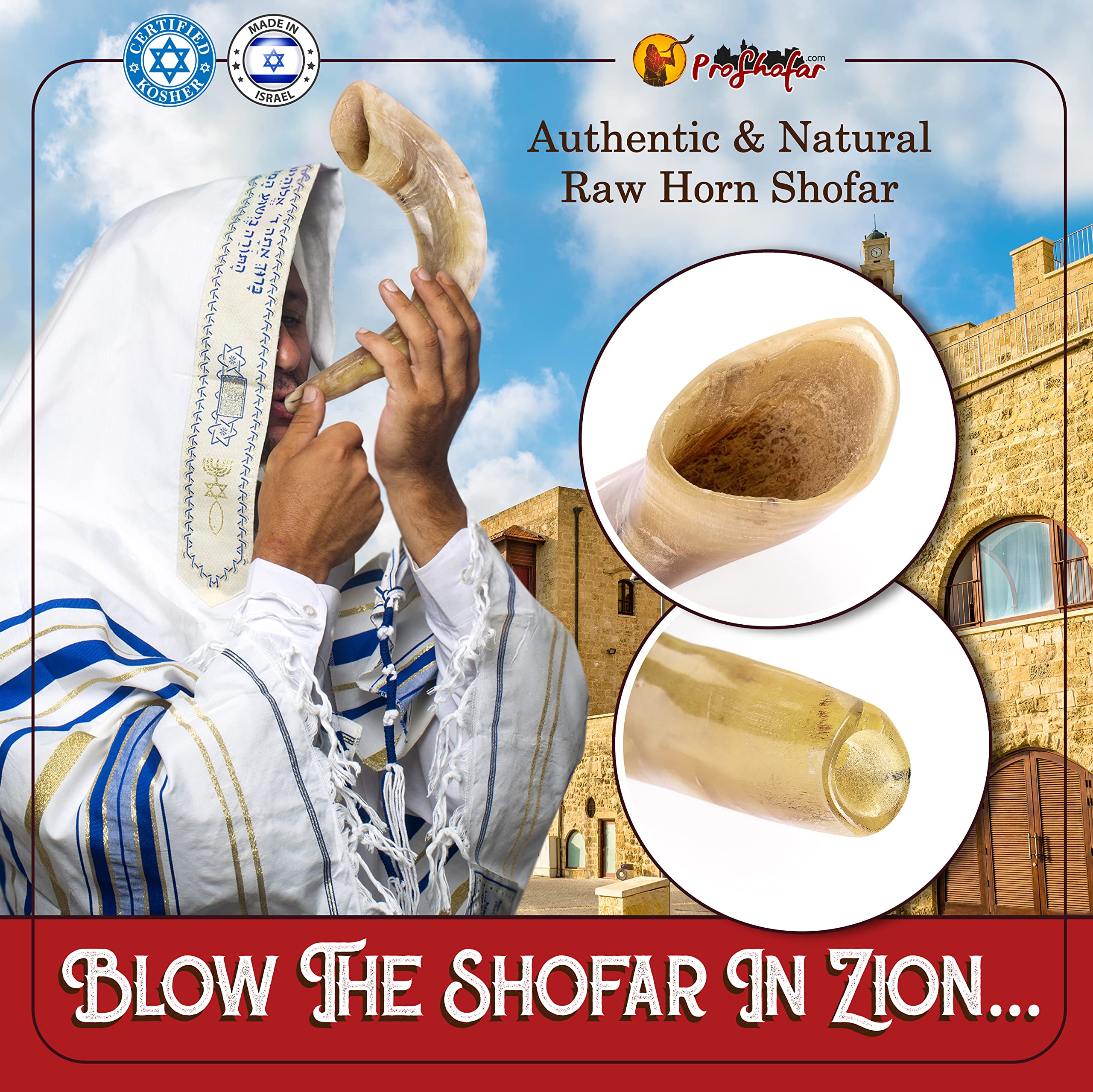 Authentic Polished Ram Shofar Set from Holy Land - Kosher Certified, Made in Israel with Velvet Carry Bag, Odor Neutralizer Spray, Cleaning Brush & Red Bracelet | Perfect for Jewish Holidays, Religious Ceremonies & Spiritual Practices