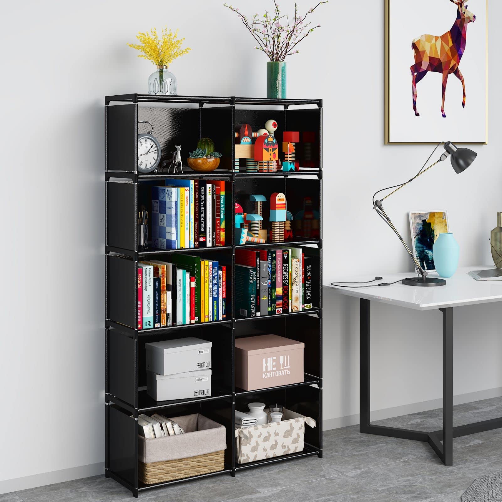 JIUYOTREE 6-Tier Portable Bookshelf with Fabric Back - 10 Cube Storage Organizer Bookcase for Living Room, Study, Bedroom - Black | Space-Saving Home & Office Organization Solution