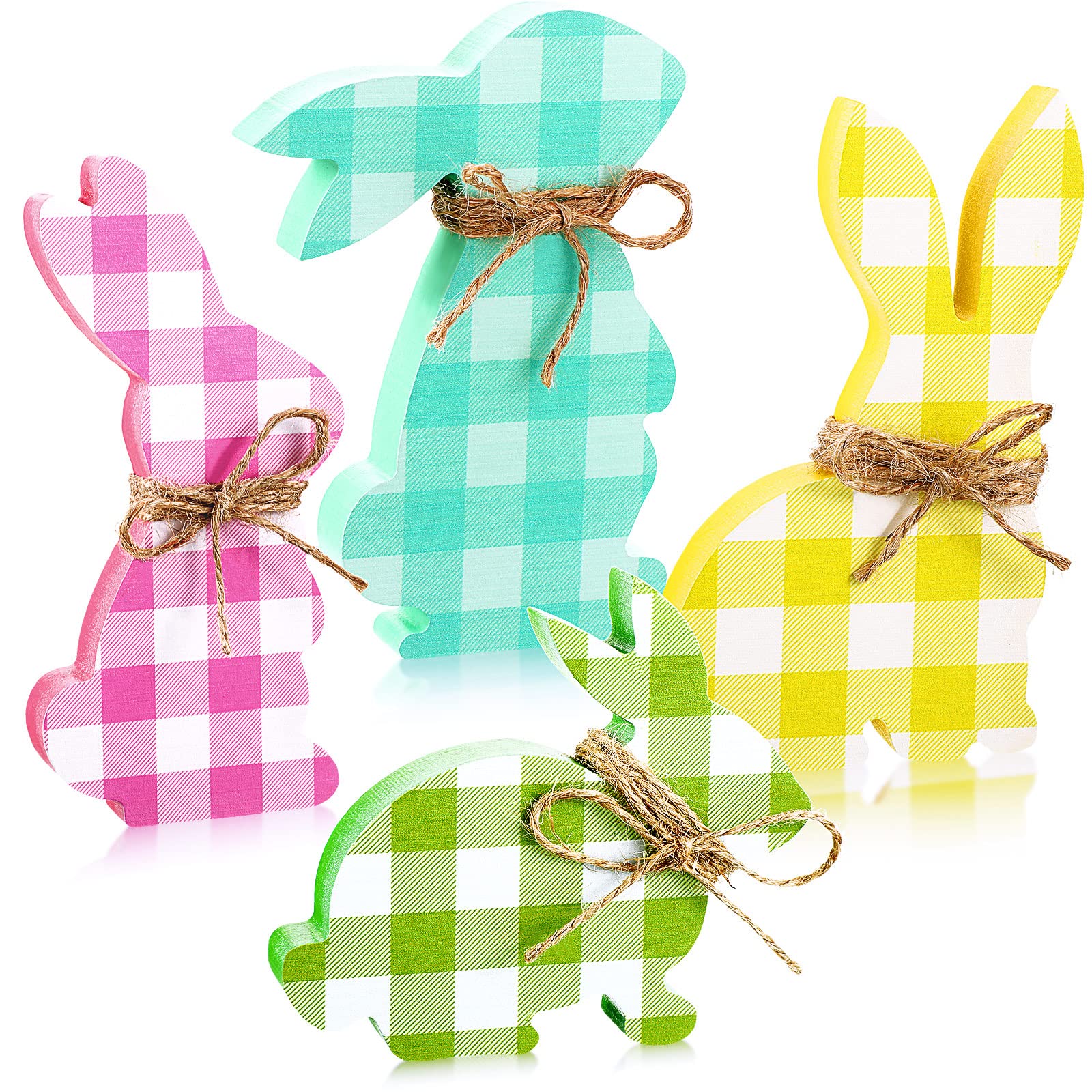 4 Pcs Easter Bunny Wooden Table Signs - Bunny Shaped Farmhouse Decor for Spring, Easter Bunny Dining Room Table Decor with Rope (Plaid) - Perfect for Easter Celebrations, Home Decor, and Seasonal Party Decorations