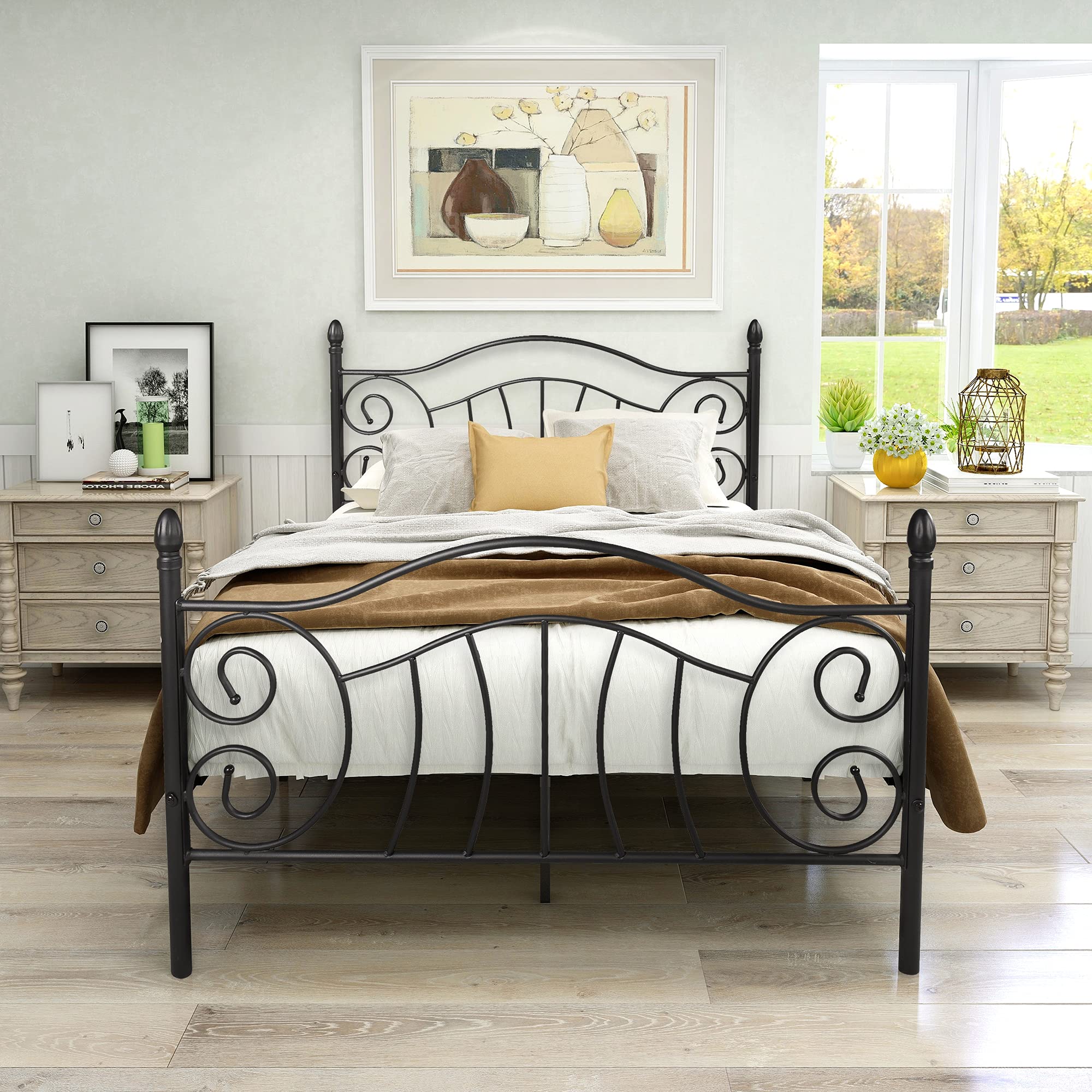 HUAYICUN Full Size Metal Bed Frame with Vintage Headboard & Footboard - Heavy Duty Platform Mattress Foundation, No Box Spring Needed - Perfect for Guest Rooms, Dorms & Vintage Style Bedrooms