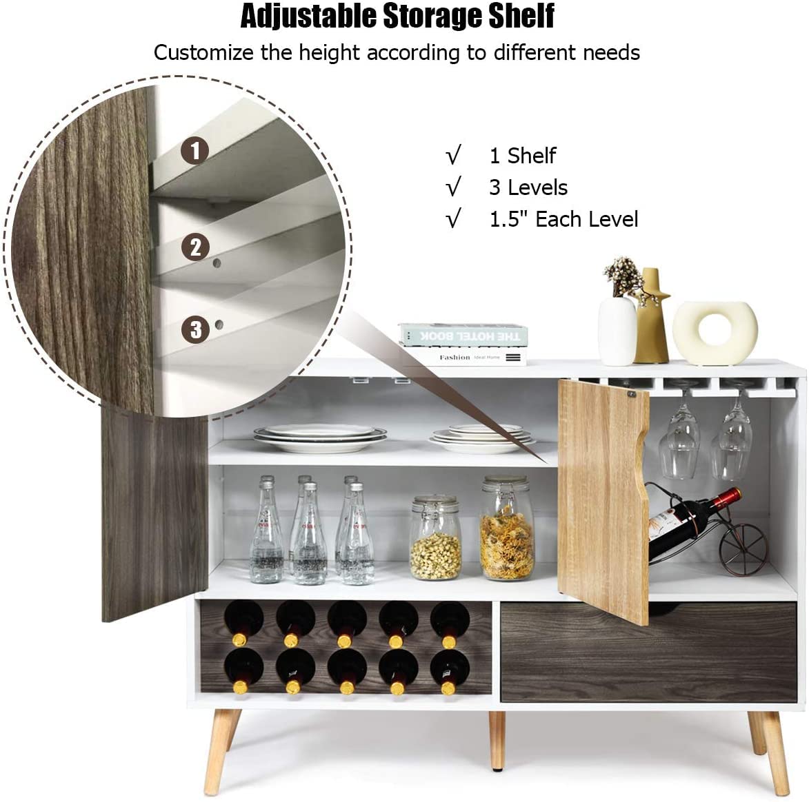 Buffet Sideboard with 10-Bottle Wine Rack & Glass Shelves - Kitchen Storage Cabinet with Drawer & Door Shelf - Perfect for Dining Room, Living Room & Kitchen Organization