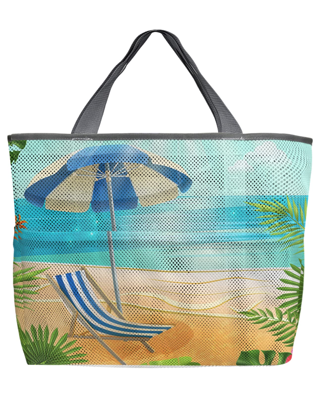 Mesh Beach Tote Bag - 60L Oversized Quick-Dry Swim Bag with Pockets | Lightweight Foldable Storage for Pool & Beach | Sea Blue Umbrella & Chair Companion | Perfect for Groceries, Toys & Palm Stripes Design | 24