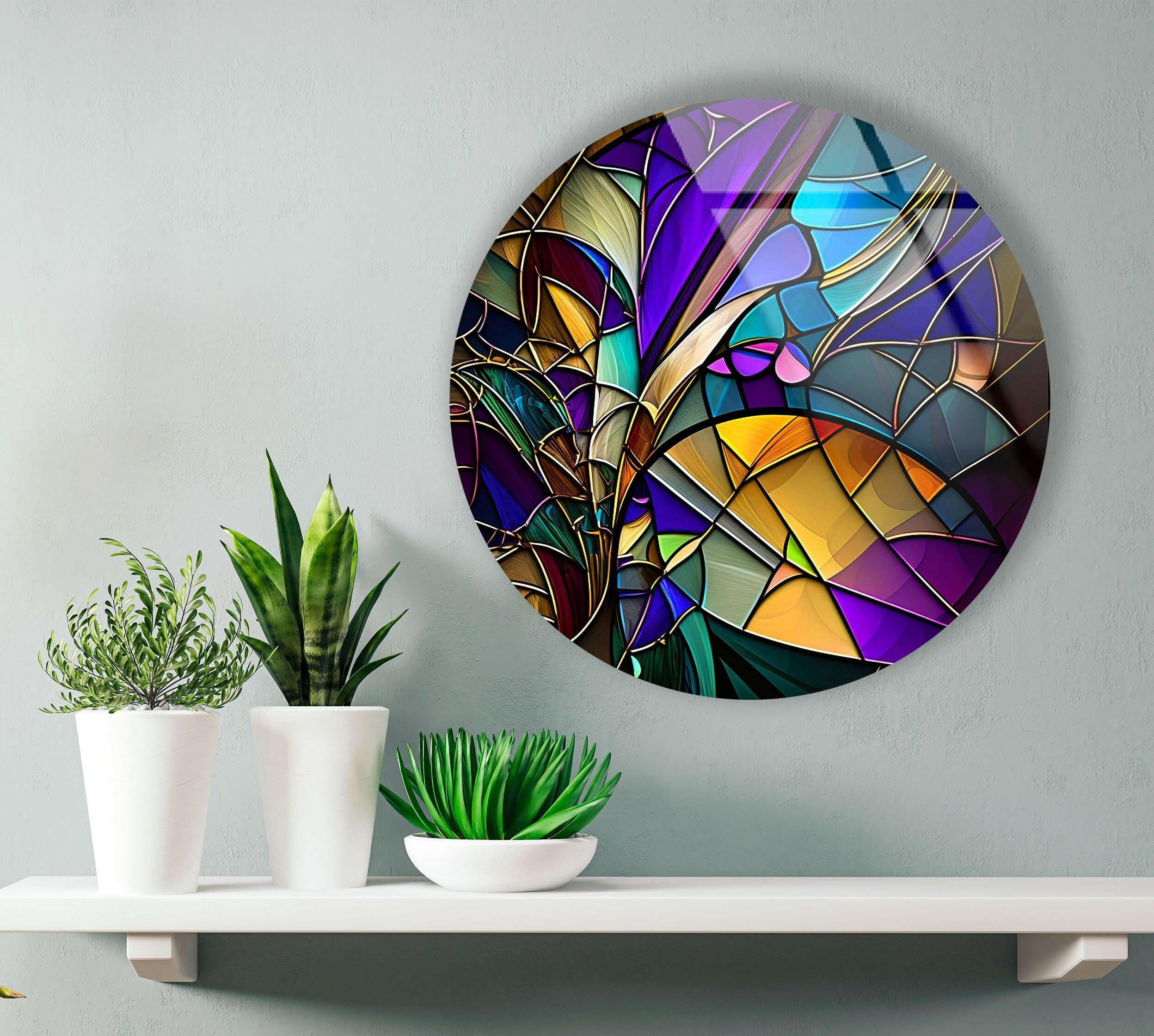 Vibrant Stained Glass Round Wall Art Decor - Handcrafted Mosaic Glass Window Hanging for Home, Church, or Garden Decoration