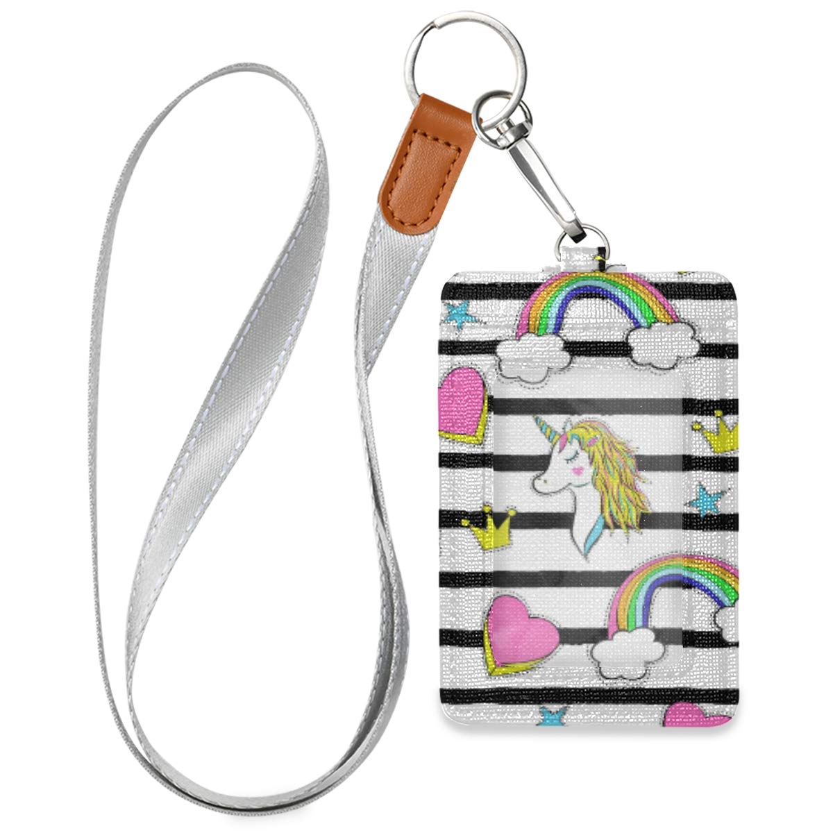Trendy Cartoon Unicorn Rainbow Stripes PU Leather ID Badge Holder - Neck Lanyard & Key Ring Wallet for Work, School, Events & Cosplay (Office Security, Convention, Party Accessories)