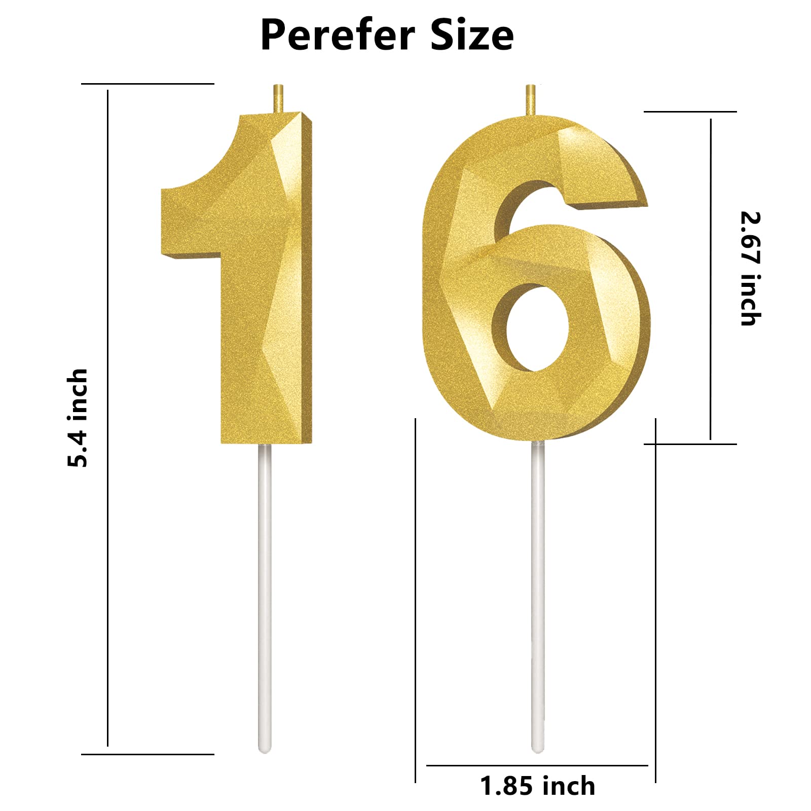 3D Diamond Shape Gold Number 16 Birthday Candles - Elegant Cake Candles for Birthday Parties, Weddings, Reunions & Theme Celebrations | Perfect for Milestone Birthdays, Anniversary Cakes & Special Occasion Decorations