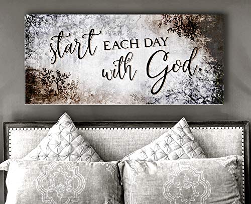 Inspirational Religious Wall Decor - Start Each Day With God Positive Quotes Spiritual Room Decor for Bedroom (Brown, 42x19) - Perfect for Home, Office & Prayer Space
