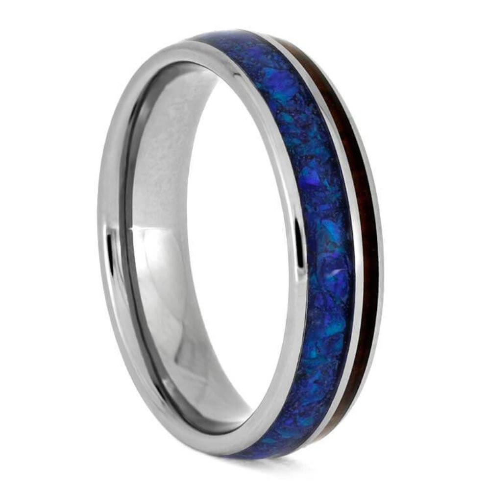 Unisex Titanium Band Ring with Exotic Snakewood & Synthetic Opal - 5mm Comfort Fit Jewelry for Men & Women - Perfect for Weddings, Anniversaries & Everyday Wear