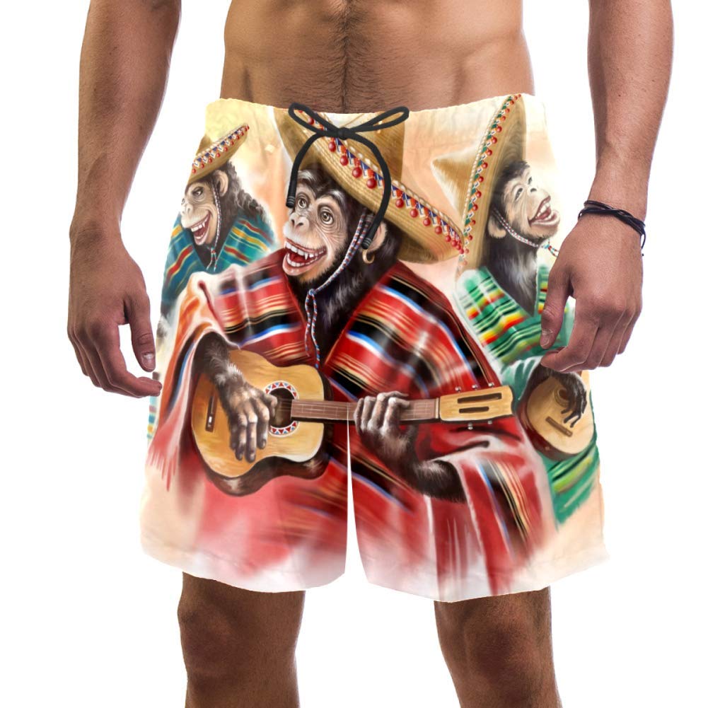 Mexican Fiesta Monkey Guitar Men's Swim Trunks - Quick Dry Board Shorts with Pockets for Beach, Pool Party & Summer Vacation
