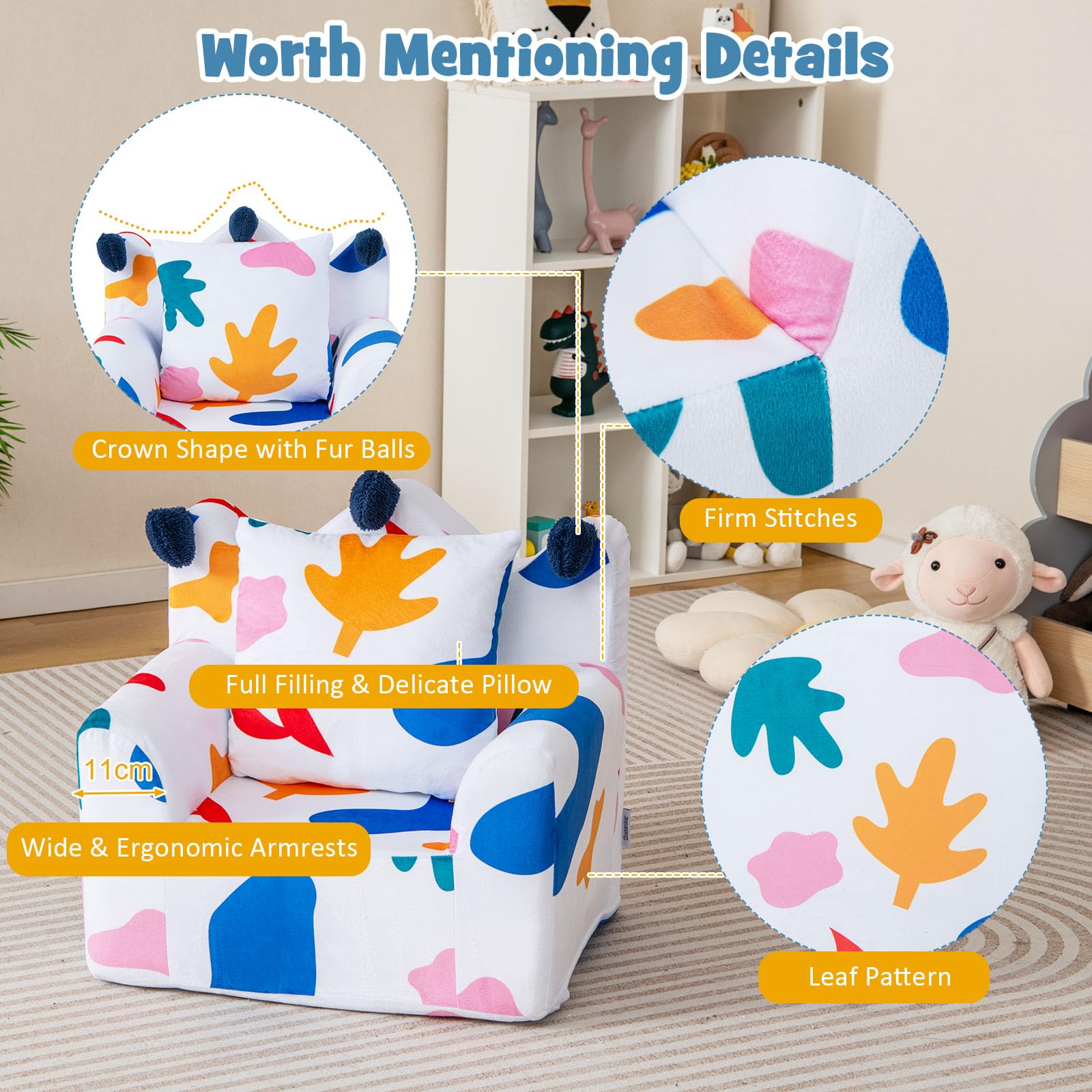 HONEY JOY Toddler Couch - Crown Shaped Kids Chair with Bonus Pillow, Soft Velvet Cover & Extra Cushion Foam, Lightweight Baby Sofa for Playroom, Nursery or Bedroom - Multi-Color Leaf Design for Boys & Girls