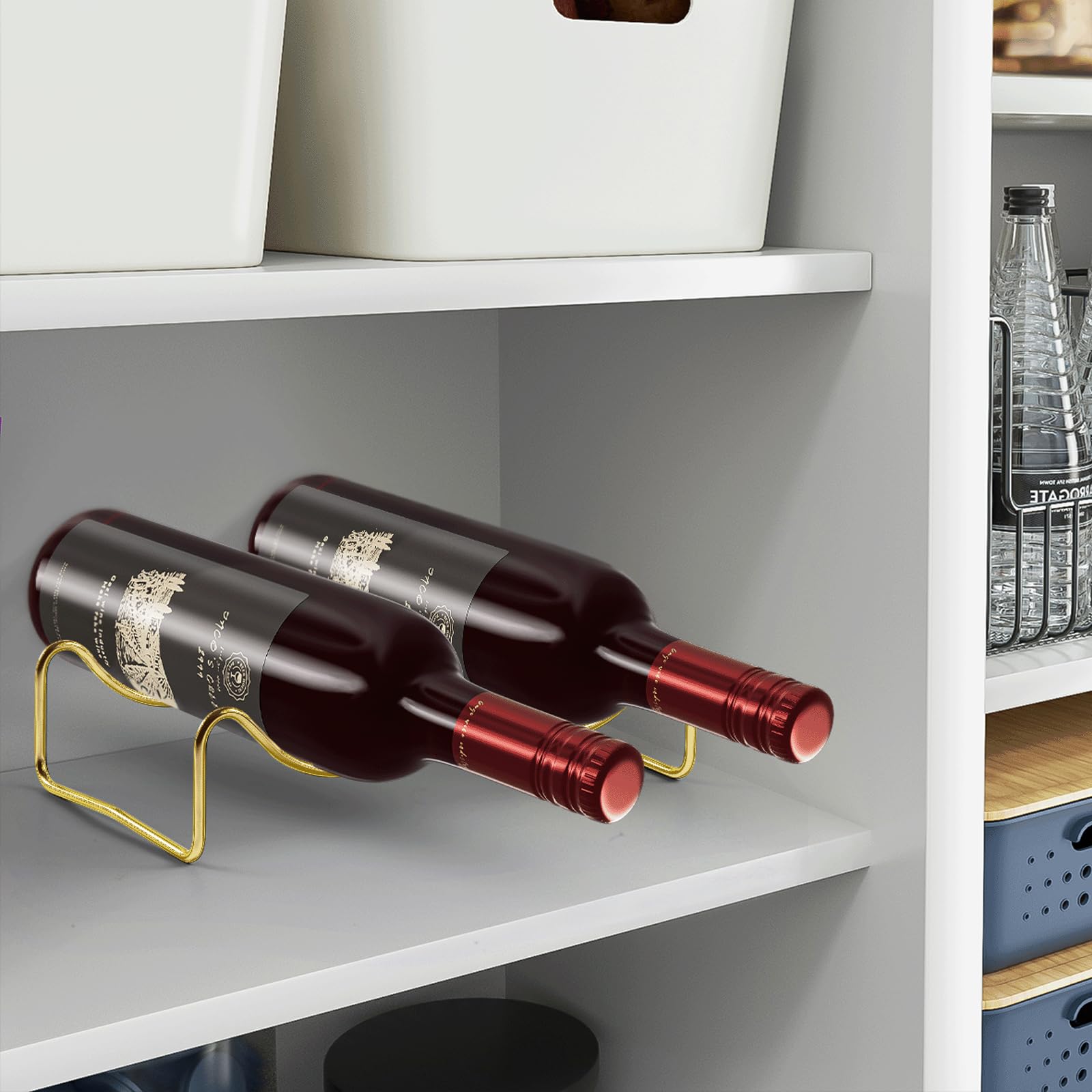 TONLEA 2-Bottle Countertop Wine Rack - Gold Metal Wine Holder & Organizer for Cups, Water Bottles - Perfect for Kitchen, Cabinet, Pantry, Bar & Home Decor