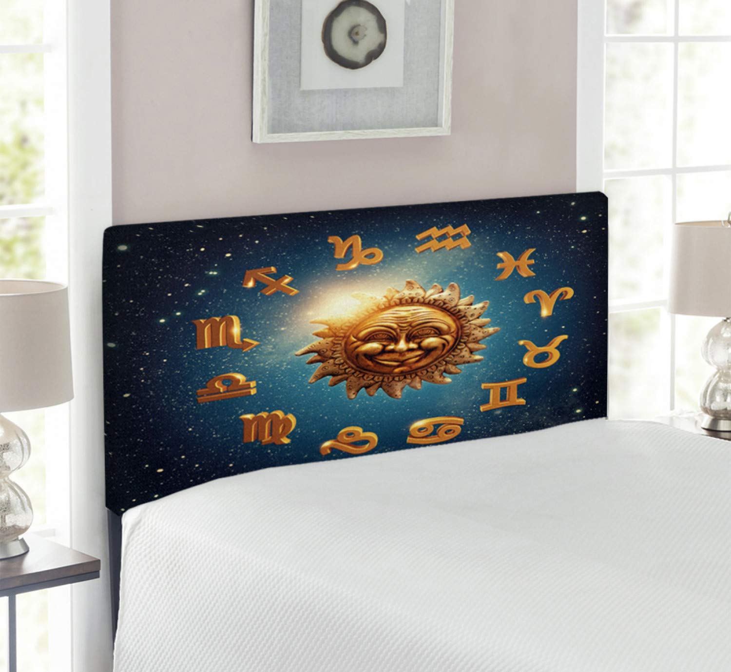 Ambesonne Astrology Twin Size Upholstered Headboard - Zodiac Signs Moon Sun Space Design with Stardust Nebula, Decorative Metal Bed Frame with Memory Foam in Dark Blue & Orange | Perfect for Bedroom Decor, Teen Room, Dormitory & Celestial Theme Interiors