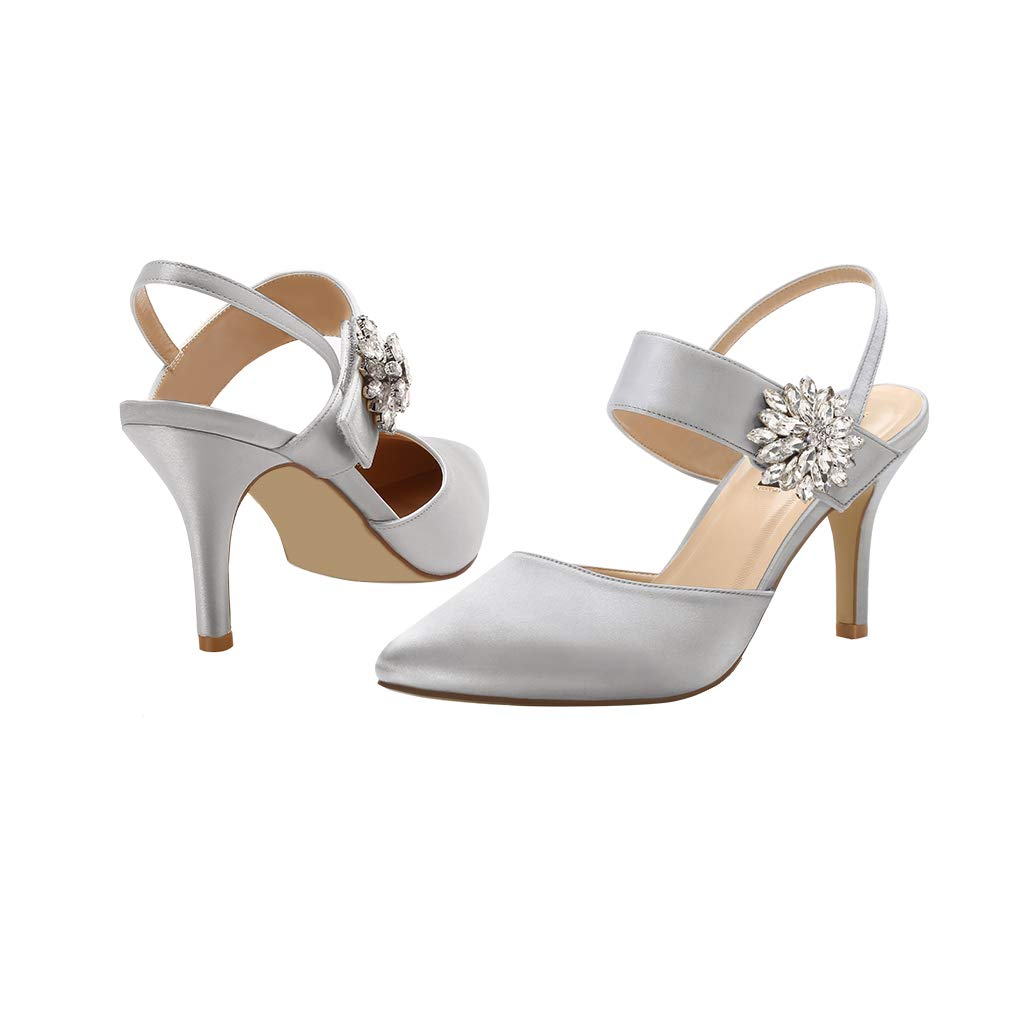 ERIJUNOR Women's Mid Heel Pointed Toe Slingback Pumps - Rhinestone Brooch Satin Dress Shoes for Evening, Prom, Wedding & Special Occasions | Comfortable & Elegant Heels for Parties, Dinners & Formal Events