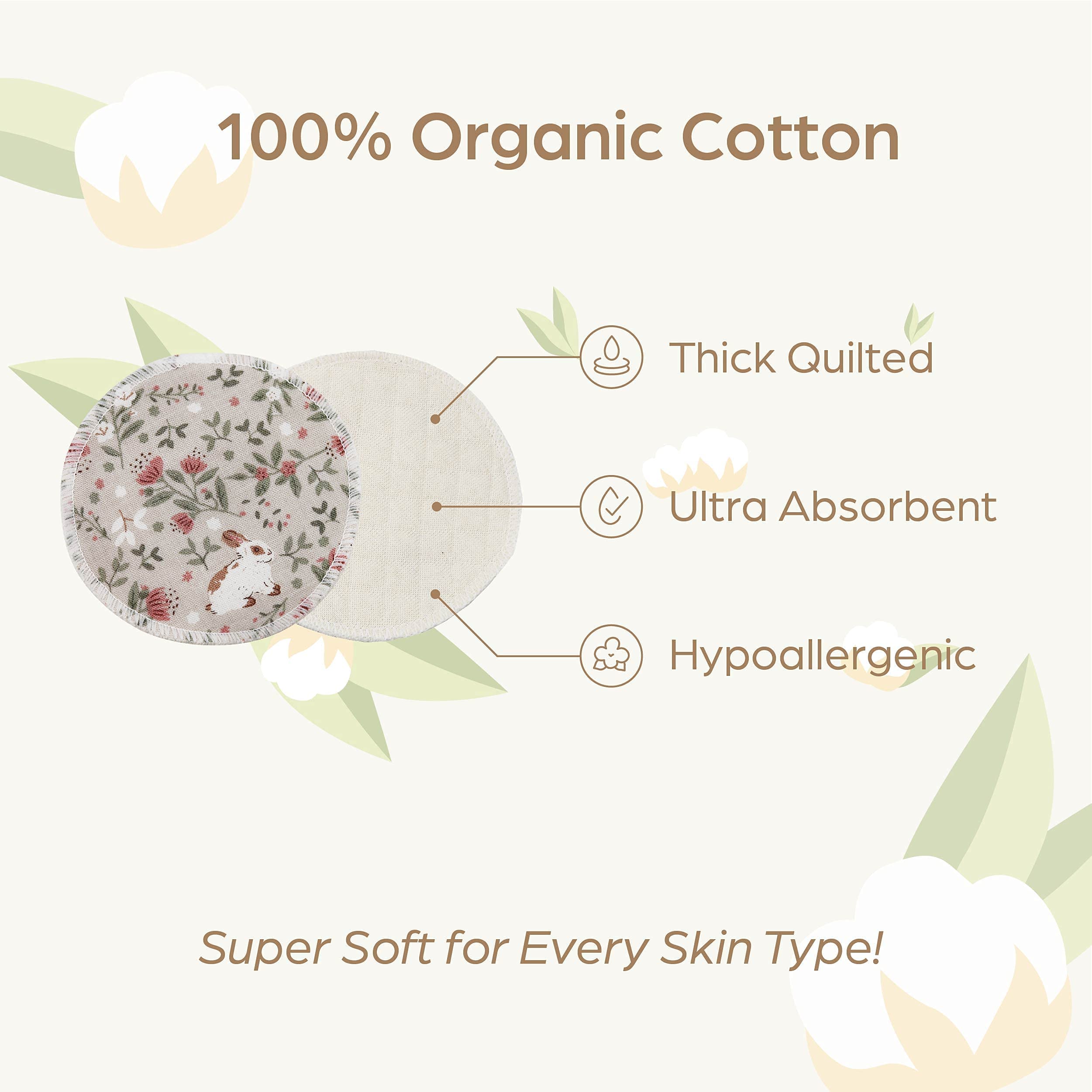 AVO Handmade Organic Cotton Reusable Makeup Remover Pads & Facial Rounds with Quilted Fabric Pouch - Eco-Friendly Beauty Essentials for Daily Skincare & Travel (Rabbit Design)