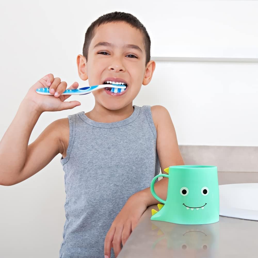 2PCS Plastic Kids Bathroom Cups - Dinosaur Toothbrush Holder & Mouthwash Cup Set, Durable Travel-Friendly Bathroom Tumbler for Home, Camping & Kids Oral Care Routine (Cute Dino Design) - Perfect for Bedroom Countertop, RV Trips & Family Vacation Essentials