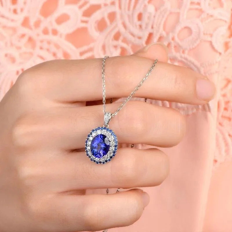 18K White Gold Oval Tanzanite & Diamond Pendant - 8x10mm 3.19ct Natural Tanzanite with Sapphire Accents - Perfect for Engagement, Anniversary & Special Occasion Gifts