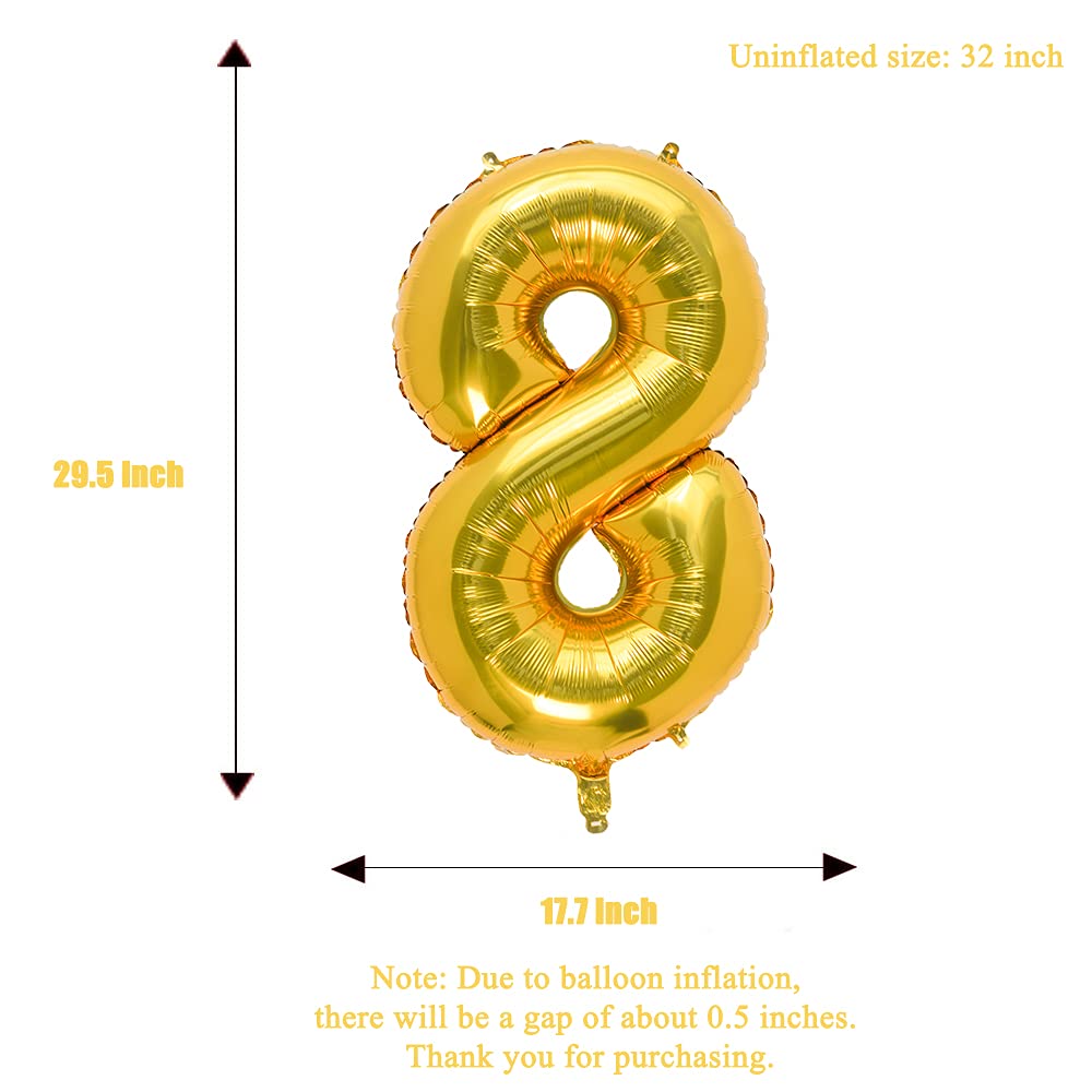 32 Inch Gold Number 8 Foil Balloons - Large Metallic Birthday Party Decorations for Anniversary, Graduation, New Year Celebrations - Perfect for Photo Backdrops & Event Centerpieces