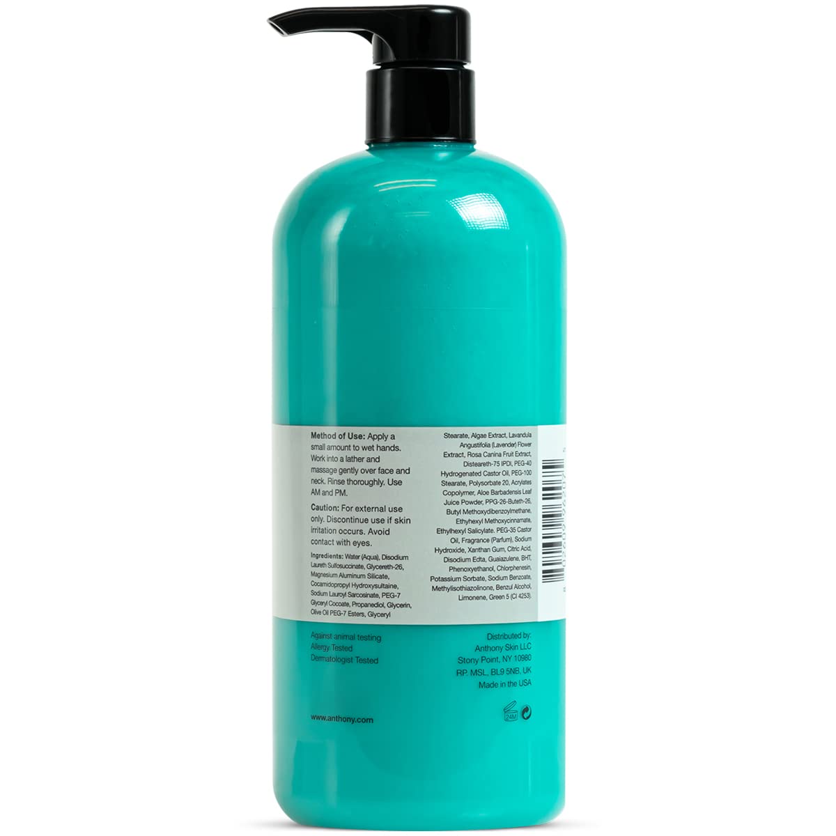 Anthony Algae Facial Cleanser 32 Fl Oz - Deep Cleansing with Algae, Aloe Vera & Rosehip Oil | Hydrating, Moisturizing & Soothing for Dry, Sensitive Skin | Perfect for Daily Skincare Routine & Post-Workout Refresh