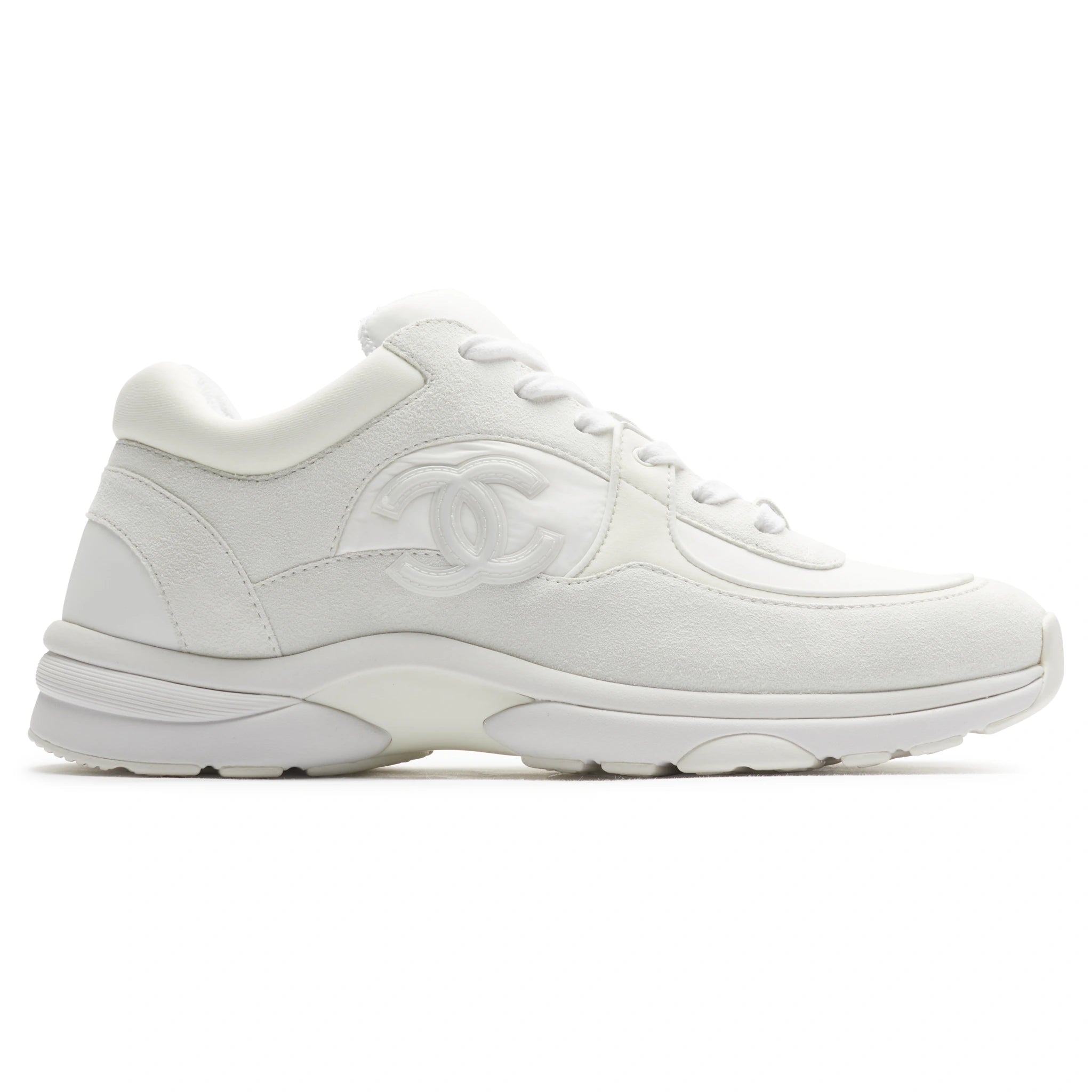 Chanel CC Logo Triple White Nylon Reflective Sneakers - Vintage Pre-Owned Luxury Shoes for Women | Perfect for Casual Outfits, Street Style & Fashion Events