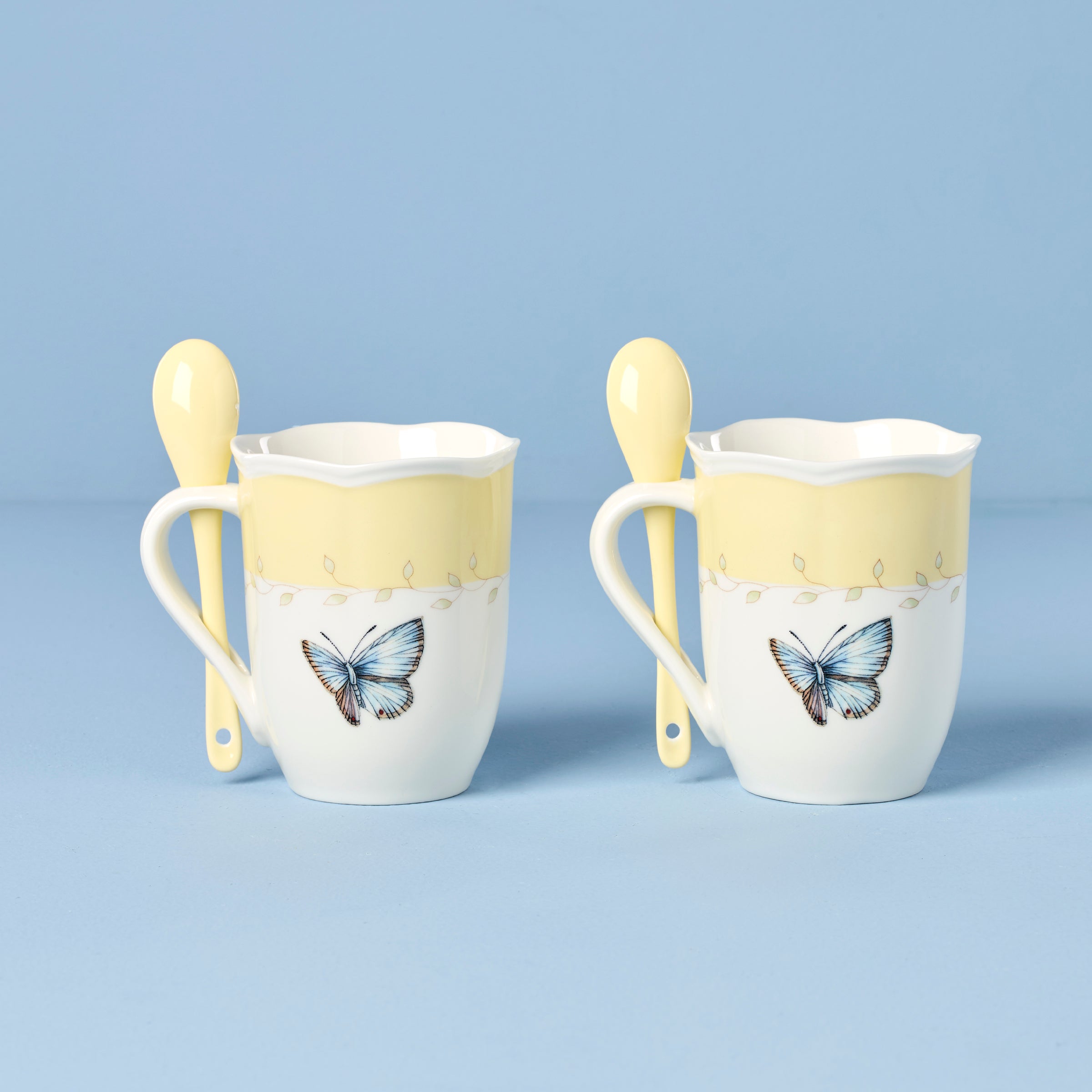 Butterfly Meadow Yellow Coffee Mugs with Spoons - Set of 2 Ceramic Cups for Tea, Hot Chocolate & Breakfast - Perfect for Home, Office & Gift Giving