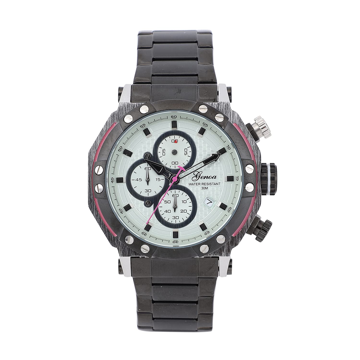 Shop LC Genoa Multi-Functional Quartz Watch - ION Plated Black Leather Strap 49mm for Men | Perfect for Business, Casual & Outdoor Activities