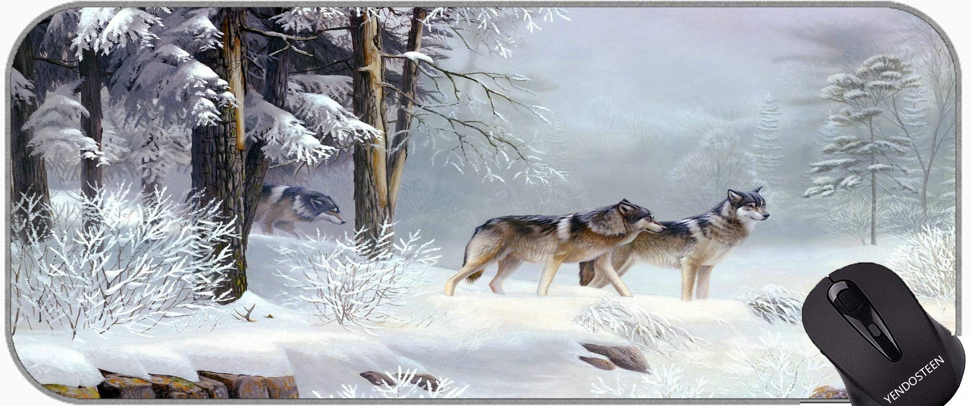 XXL Snow Winter Tree Forest Wolf Art Non-Slip Desk Mat - Big Laptop Protector, Keyboard & Mouse Pad for Office, Gaming & Home Use