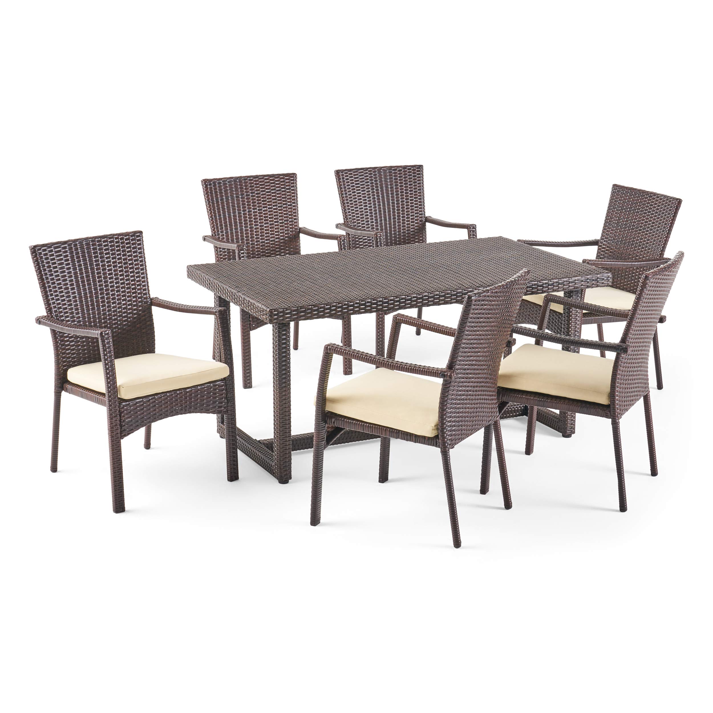 Christopher Knight Home Able Outdoor 7-Piece Wicker Dining Set - Multibrown with Crème Cushions - Perfect for Patio, Garden & Backyard Entertaining