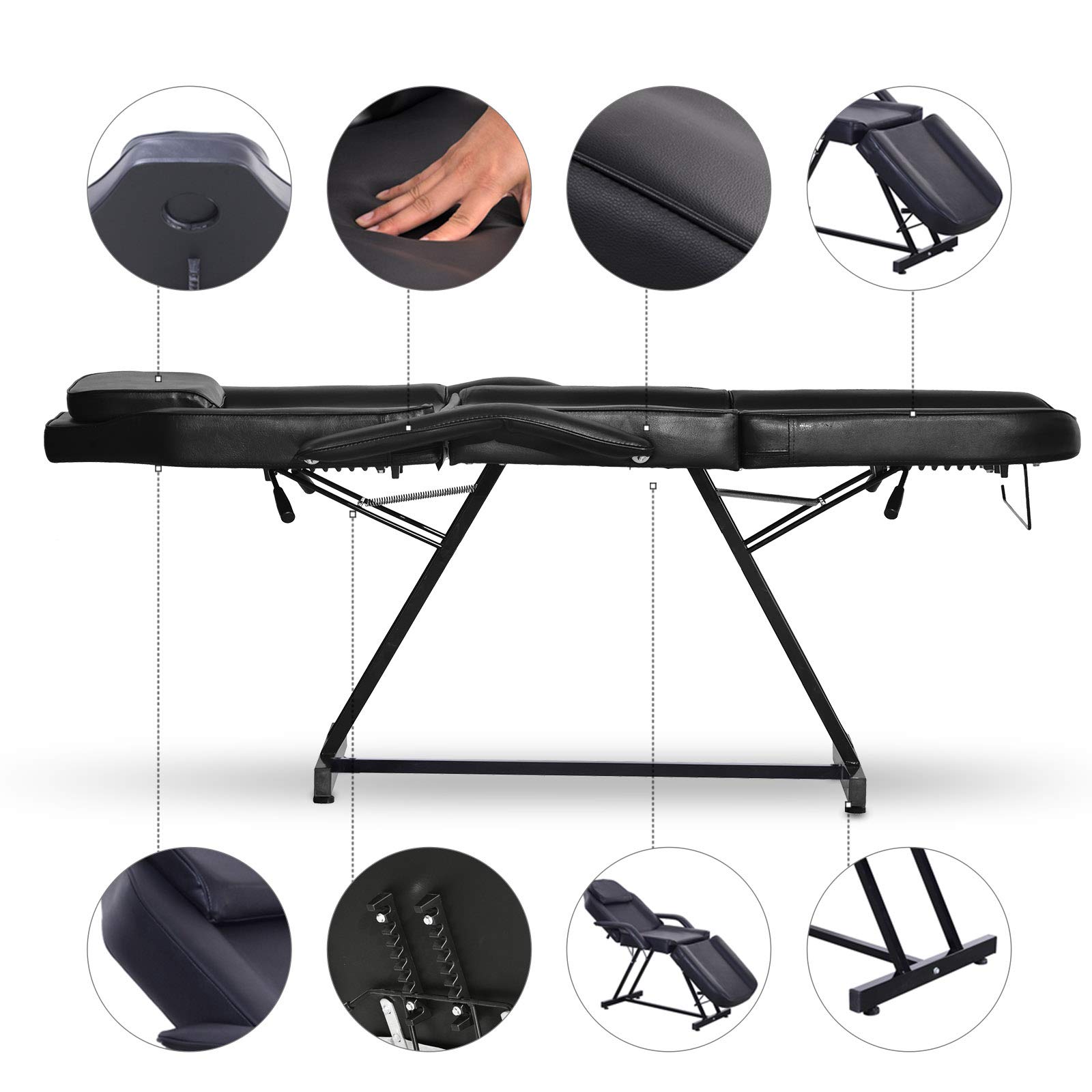 Professional 3-Section Folding Massage Table - Adjustable Tattoo Bed & Facial Chair for Estheticians - 73 Inch Portable Spa Table (Black) - Perfect for Massage Therapy, Tattoo Parlors & Beauty Salons