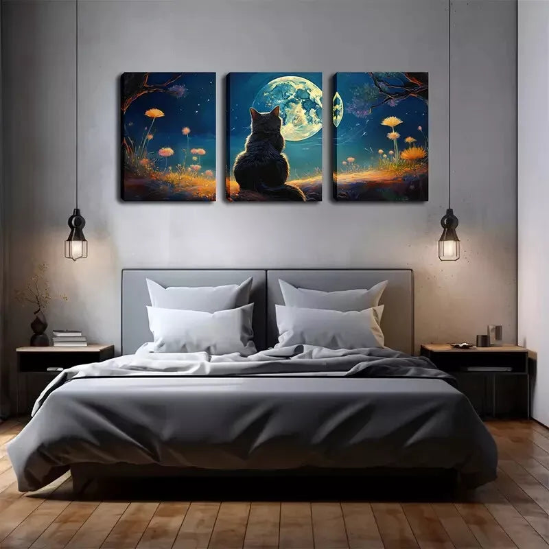 3-Piece Lucky Cat Gazing at the Moon Wall Art Set - Framed Canvas Prints 40x60cm - High Quality Australian Made Wall Decor - Perfect for Living Room, Bedroom & Office Decor
