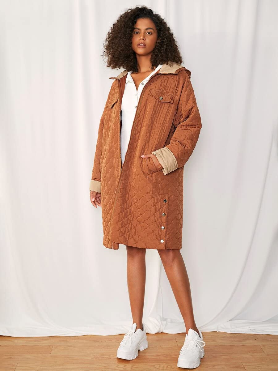 TINMIIR Women's Winter Warm Jacket - Long Down Coat with Slant Pockets, Raglan Sleeves & Button Side Hood - Quilted Outerwear (Brown, Size M) | Perfect for Cold Weather, Outdoor Activities & Daily Commute