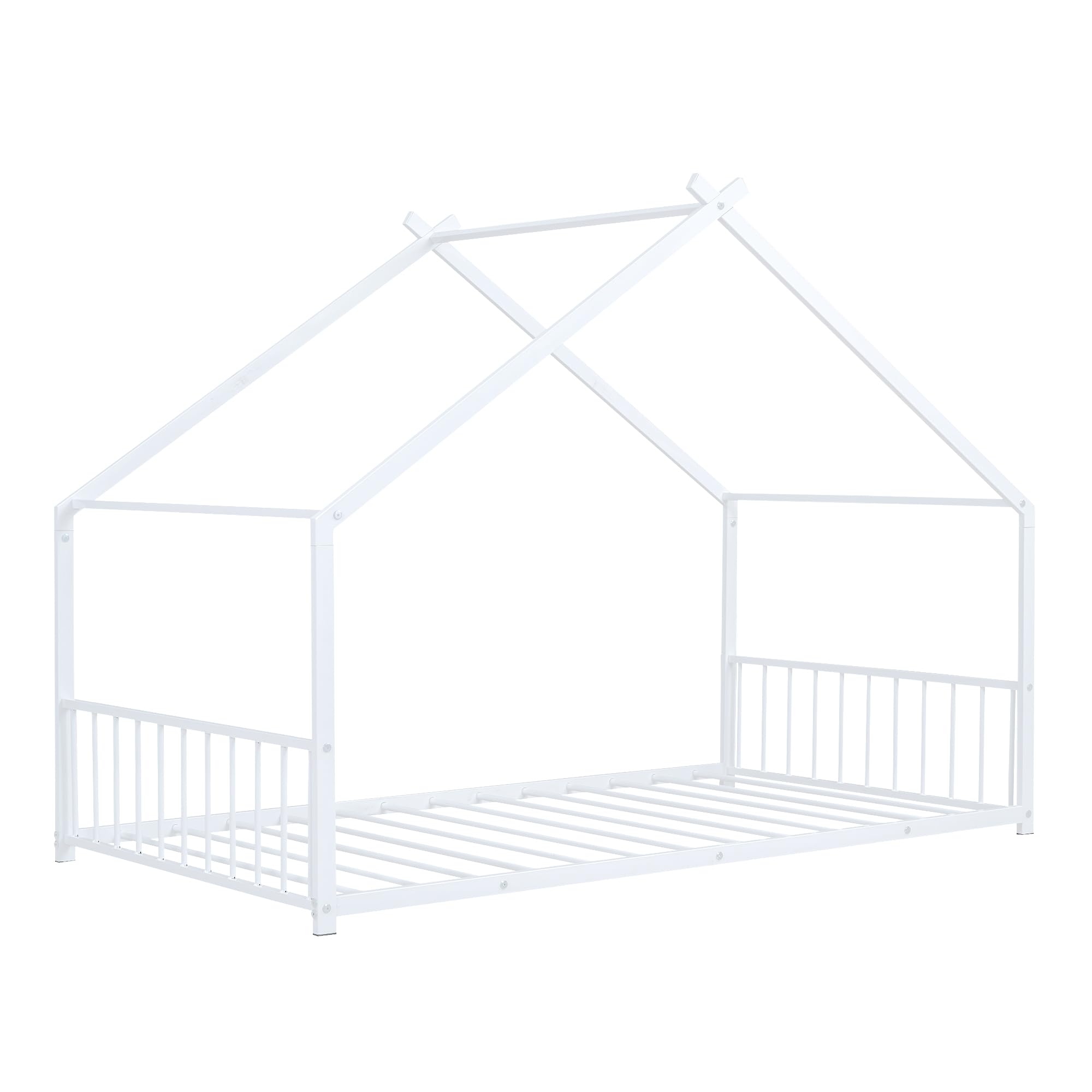 Montessori Twin Size Floor Bed for Kids - White Metal Frame with Headboard, Footboard & Slats - Safe & Sturdy House Bed for Toddlers & Children - Perfect for Montessori Bedrooms, Playrooms & Cozy Sleep Spaces
