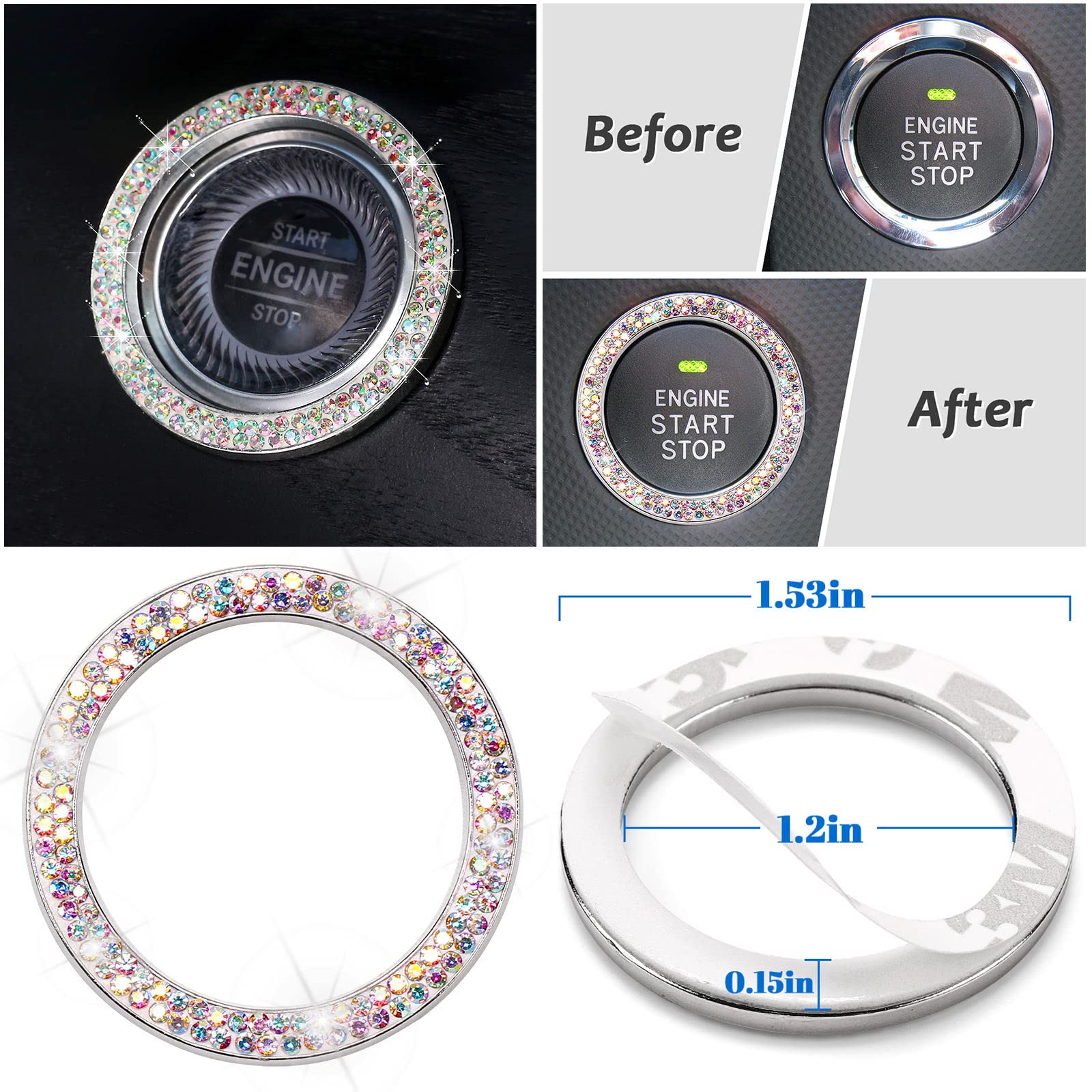 15 Inch Bling Car Steering Wheel Cover Set - 7 Pack Crystal Diamond Rhinestone Car Accessories with Seat Belt Cushion, Gear Shift Cover, Push Start Button Ring & Coasters - Perfect for Luxury Car Interior Decoration & Gift Giving