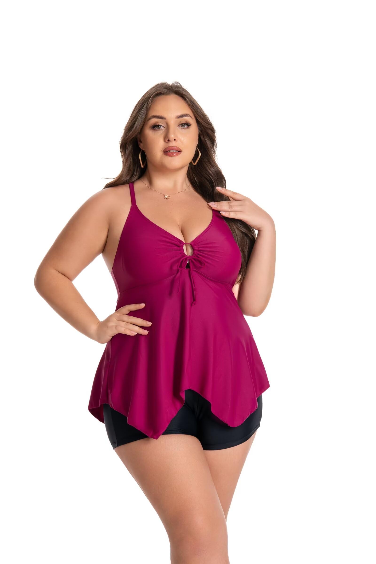 Plus Size Women's Tummy Control Tankini Top - Ruched Flowy Swimwear for Beach & Pool - High Waist Bathing Suit Top with No Bottom